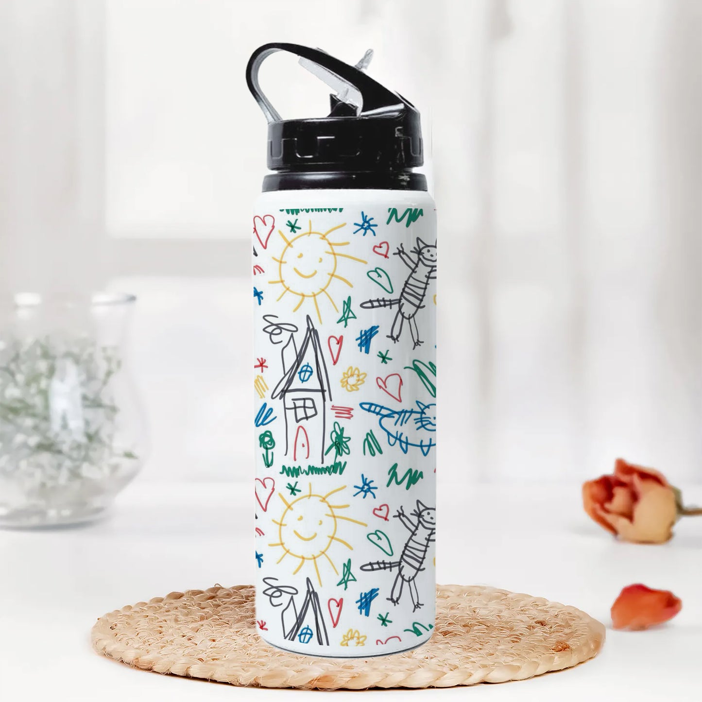 Seamless Pattern with Kids Illustrations Printed Black Nozzle Water Bottle 750 ml For Gym, Yoga, Kids, Boys, Girls, Brother, Sister, Babies, Baby, Workout, Adults