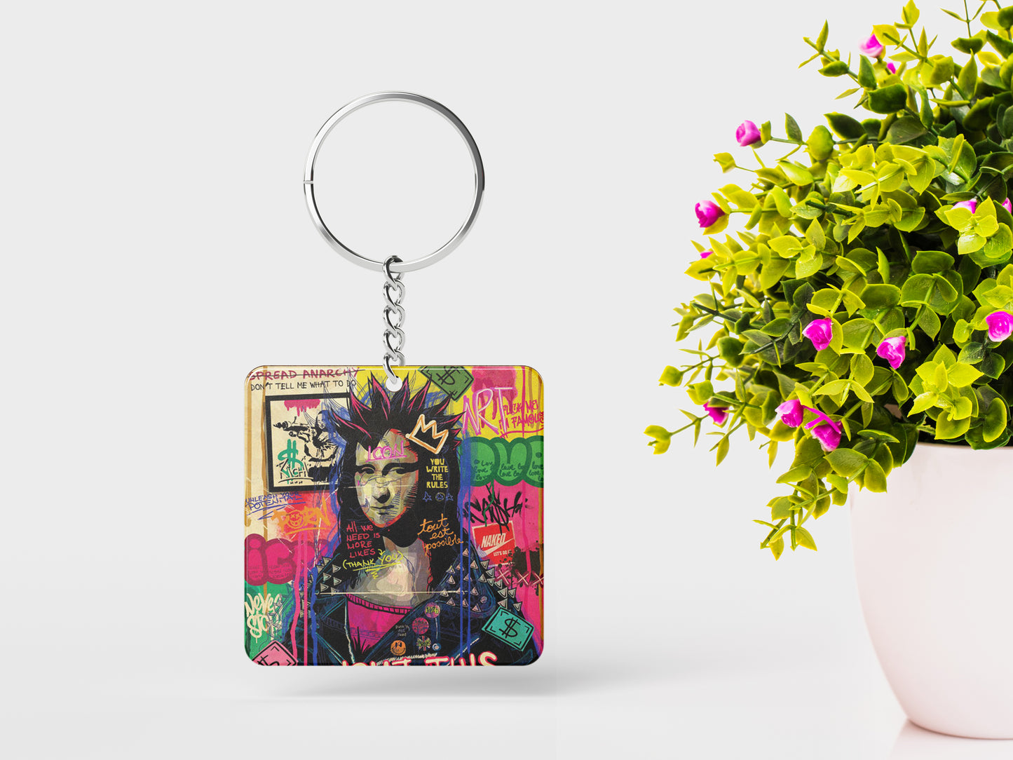 Mona Lisa pop Artwork Printed Square Shape Wooden Keyring with Chain