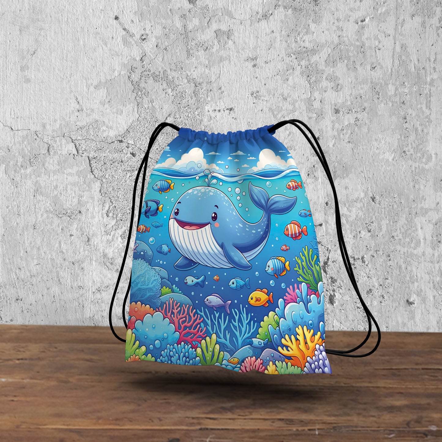 Whales Vector Cartoon Pattern Polyester String Backpack Bags for kids for Gym, Yoga, Tuition ,Beach Bag for 4-10 year boys and girls