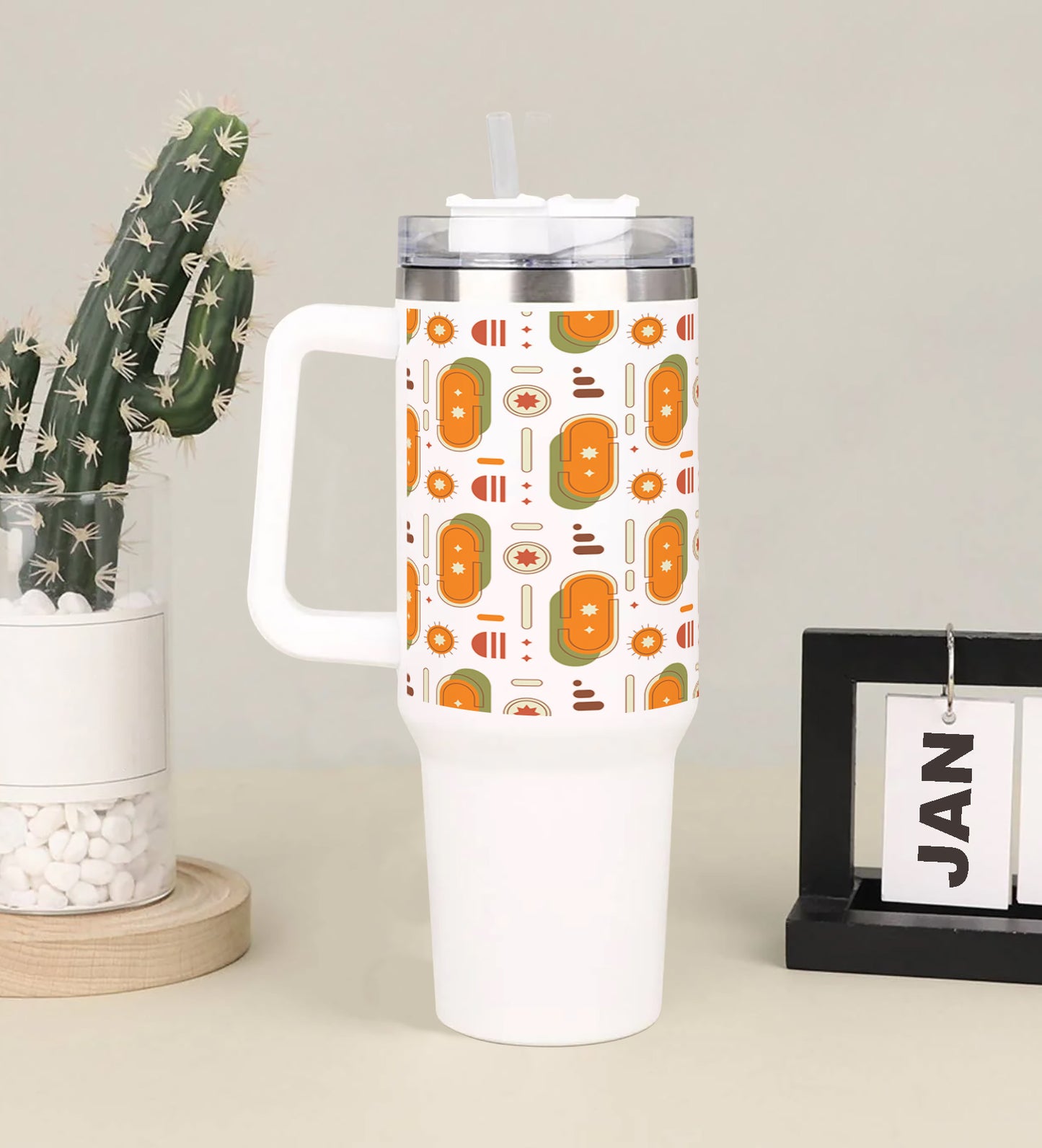 Flat design boho geometric pattern Printed 850ML with Lid Leak Proof Big Travel Tumbler with Handle and Straw