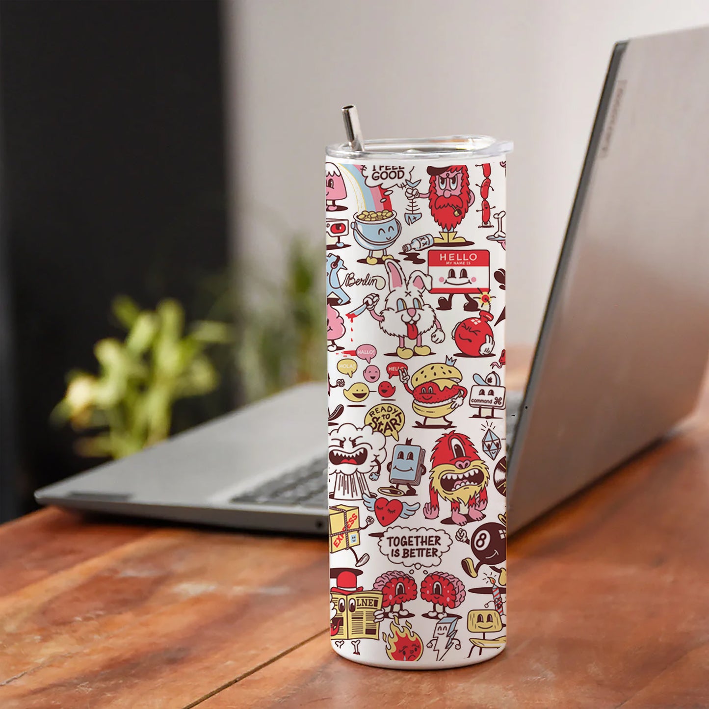 Cartoon doodle Pattern Printed 750ML with Lid Leak Proof Travel Tumbler with Straw