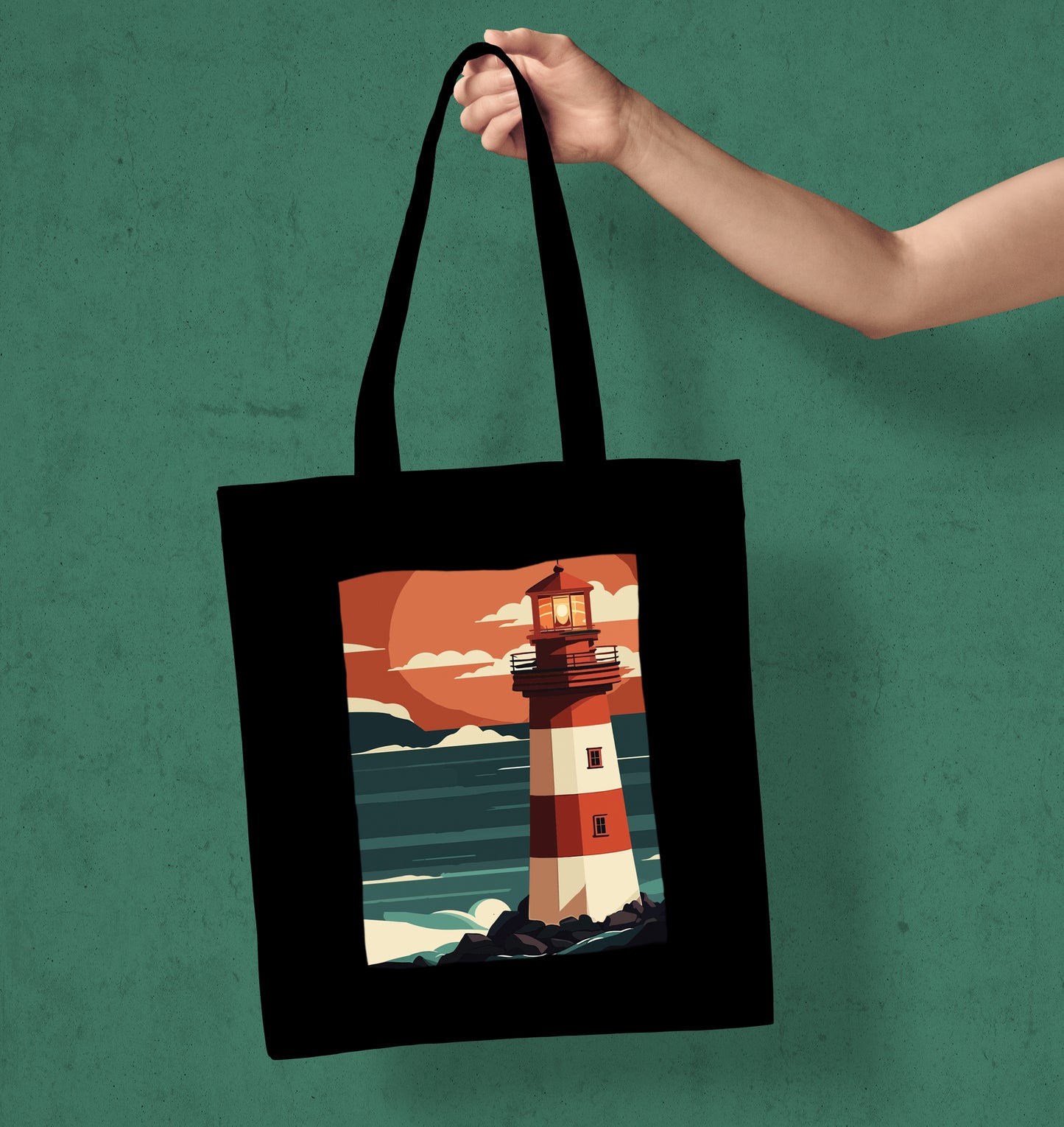 Lighthouse and sunset vector Design Printed Black Patch With Pocket Tote Bag (14 X 16 Inches) For Shopping, College, Travel