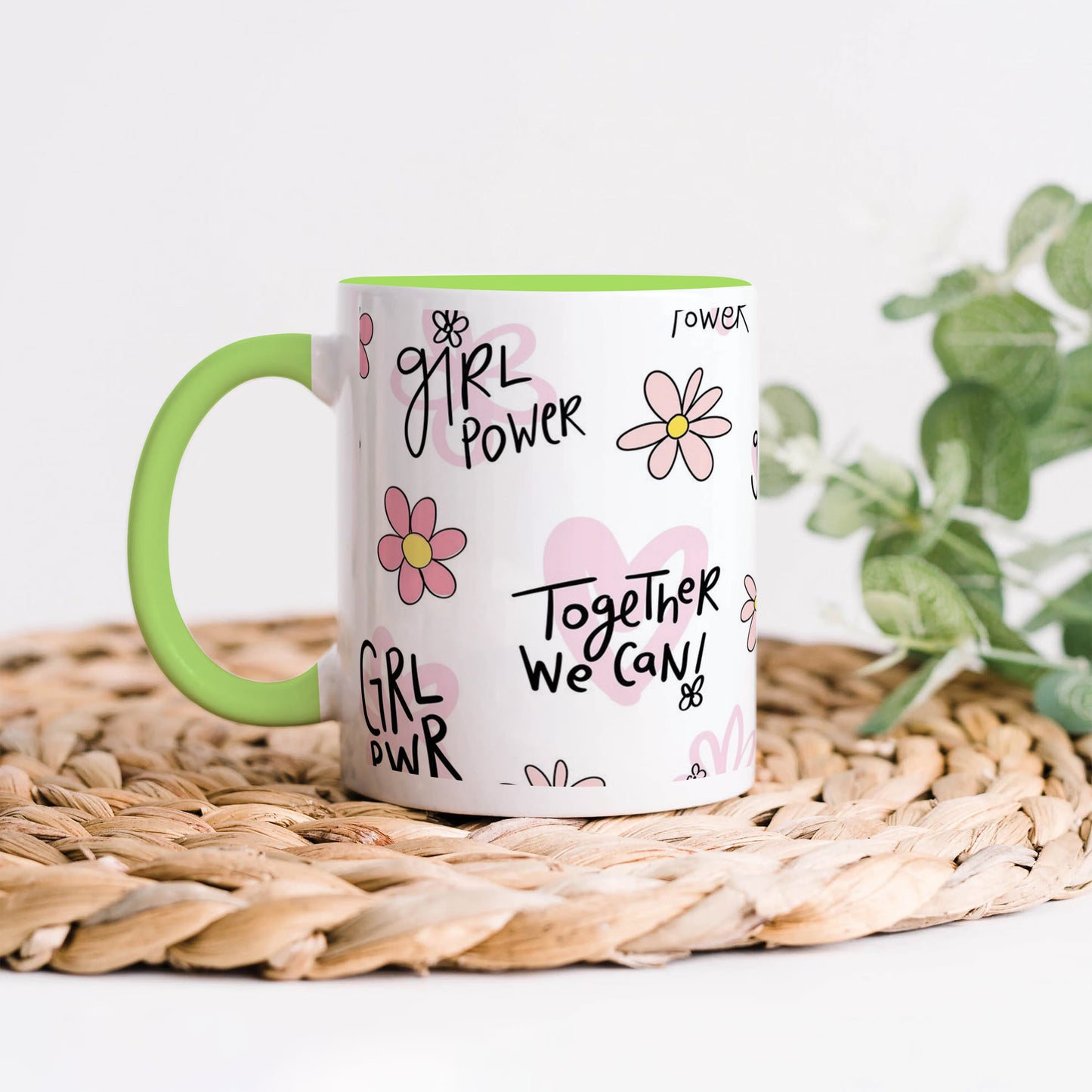 Cute pink flower and heart drawings Seamless pattern Light Green Handle 330 ml Coffee Mug