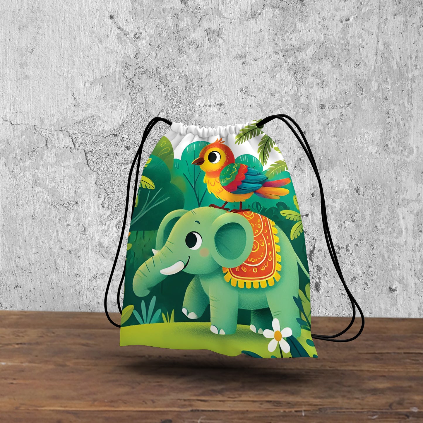 Adventure of Bird and Elephant Pattern Polyester String Backpack Bags for kids for Gym, Yoga, Tuition ,Beach Bag for 4-10 year boys and girls