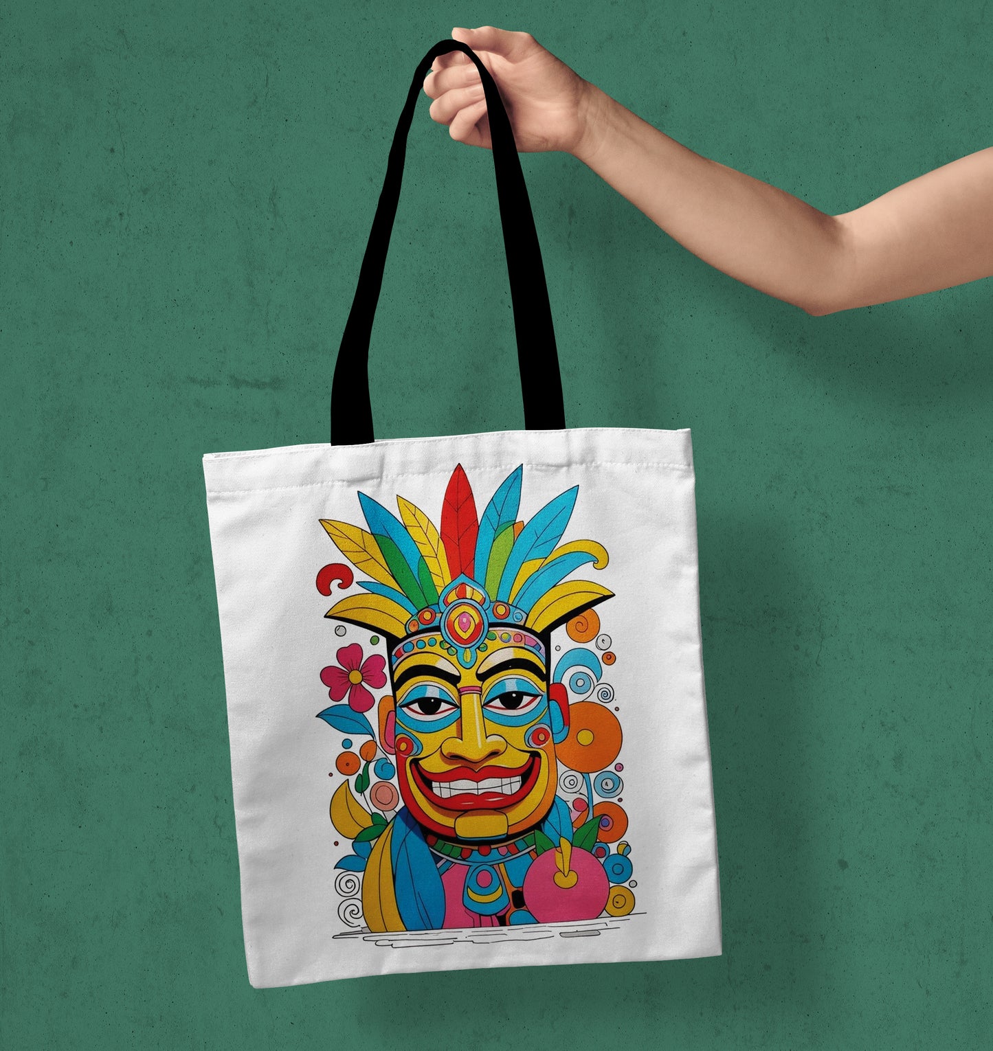 Tiki Tribal Mask Hawaiian Art Design Printed Black Handle Tote Bag (14 X 16 Inches) For Shopping, College, Travel