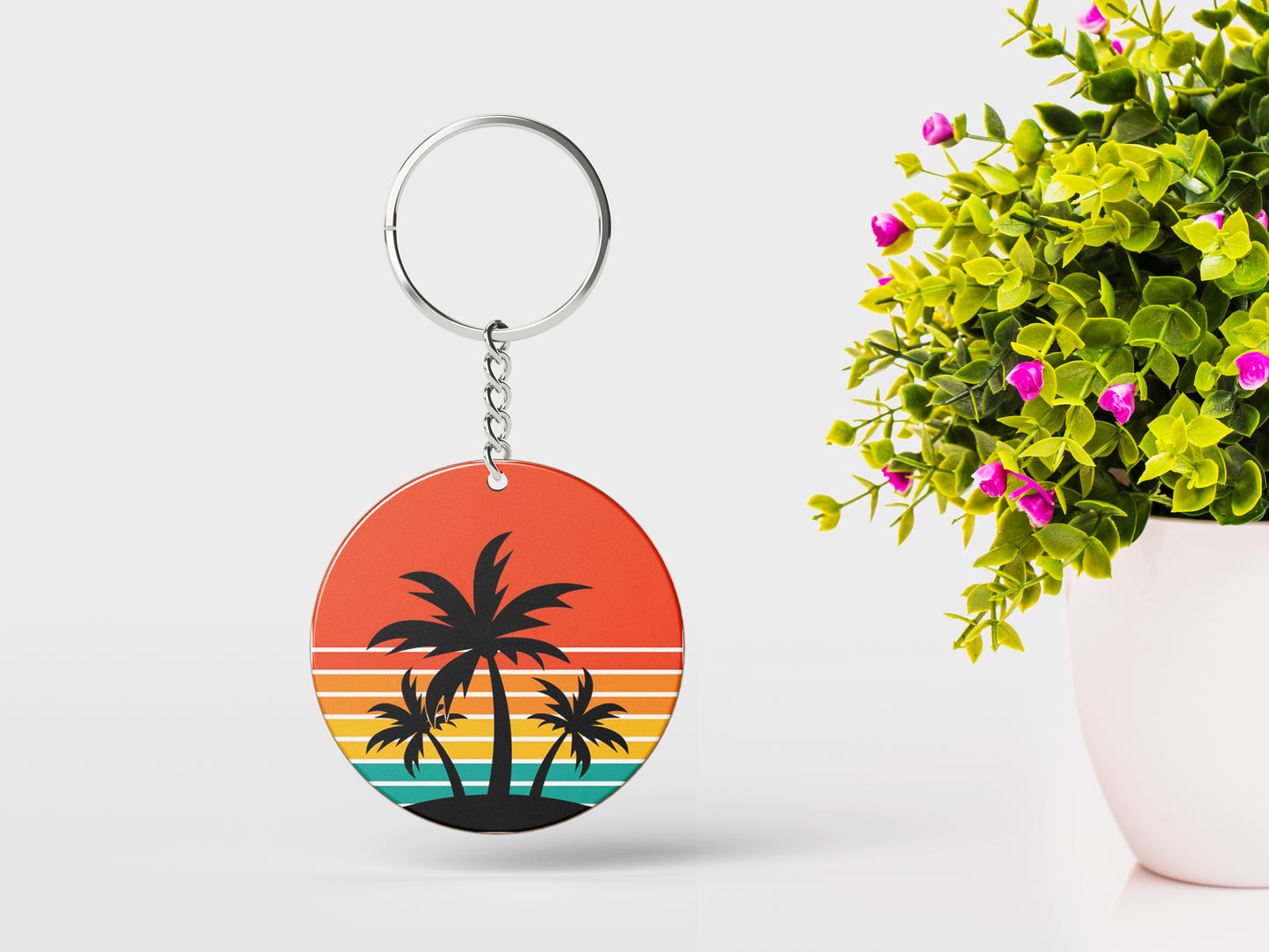 Sunset palm tree vintage vector illustration Printed Round Circle Shape Wooden Keyring with Chain