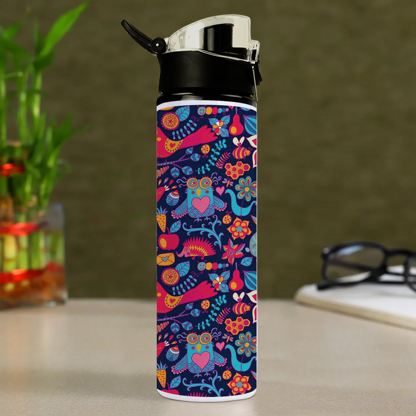 Owl, rabbit, butterfly, hedgehog Forest seamless pattern Printed Flip Flop Water Bottle 750 ml For Gym, Yoga, Kids, Boys, Girls, Brother, Sister, Babies, Baby, Workout, Adults