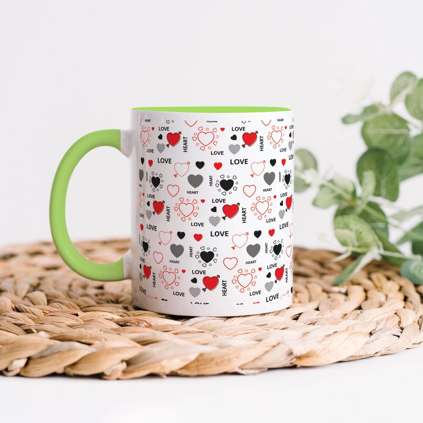 Romantic Hand Drawn Elements With Love Lettering design Light Green Handle 330 ml Coffee Mug