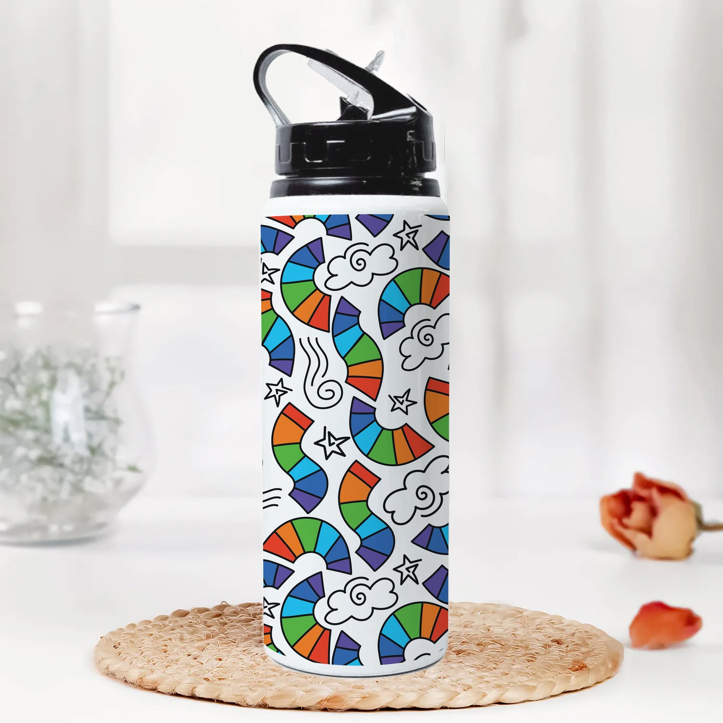 Hand drawn rainbow pattern design Printed Black Nozzle Water Bottle 750 ml For Gym, Yoga, Kids, Boys, Girls, Brother, Sister, Babies, Baby, Workout, Adults