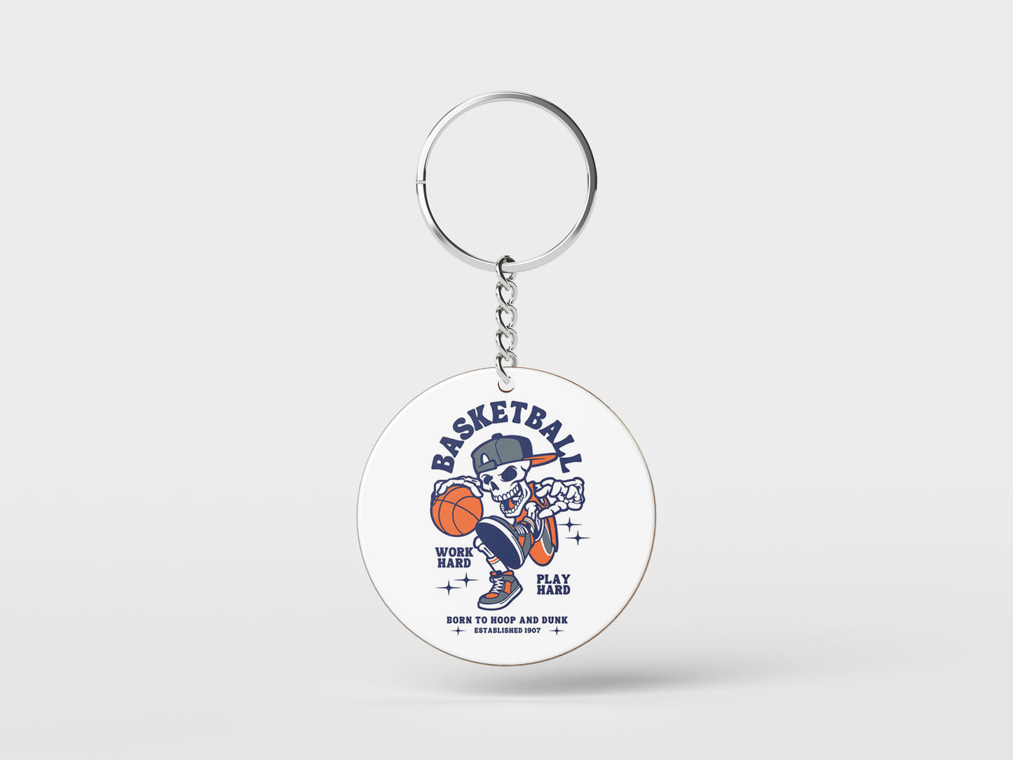 Basketball Skeleton Playing Basketball Halloween Printed Circle Shape Wooden Keyring with Chain