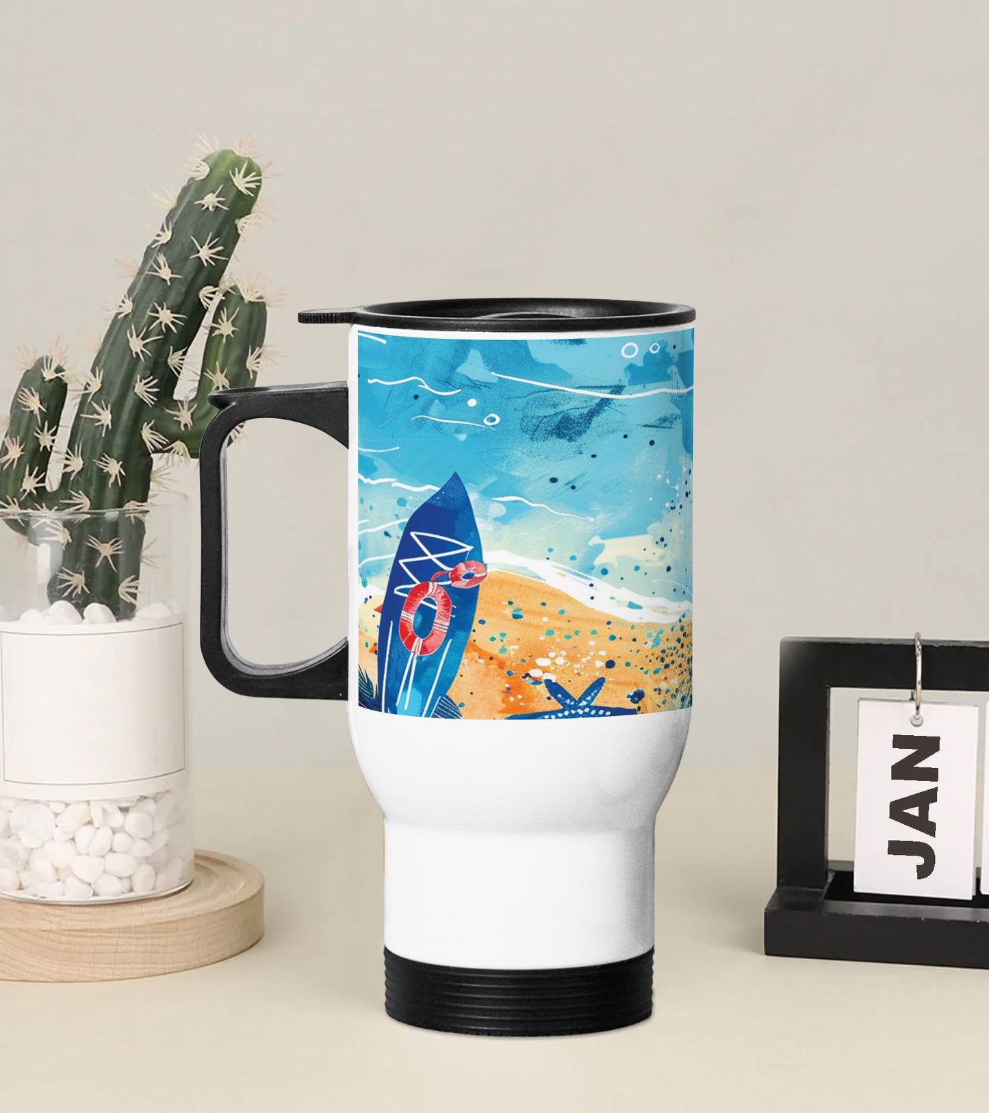 Cartoon illustration of a beach scene Printed 350ML Travel MUG