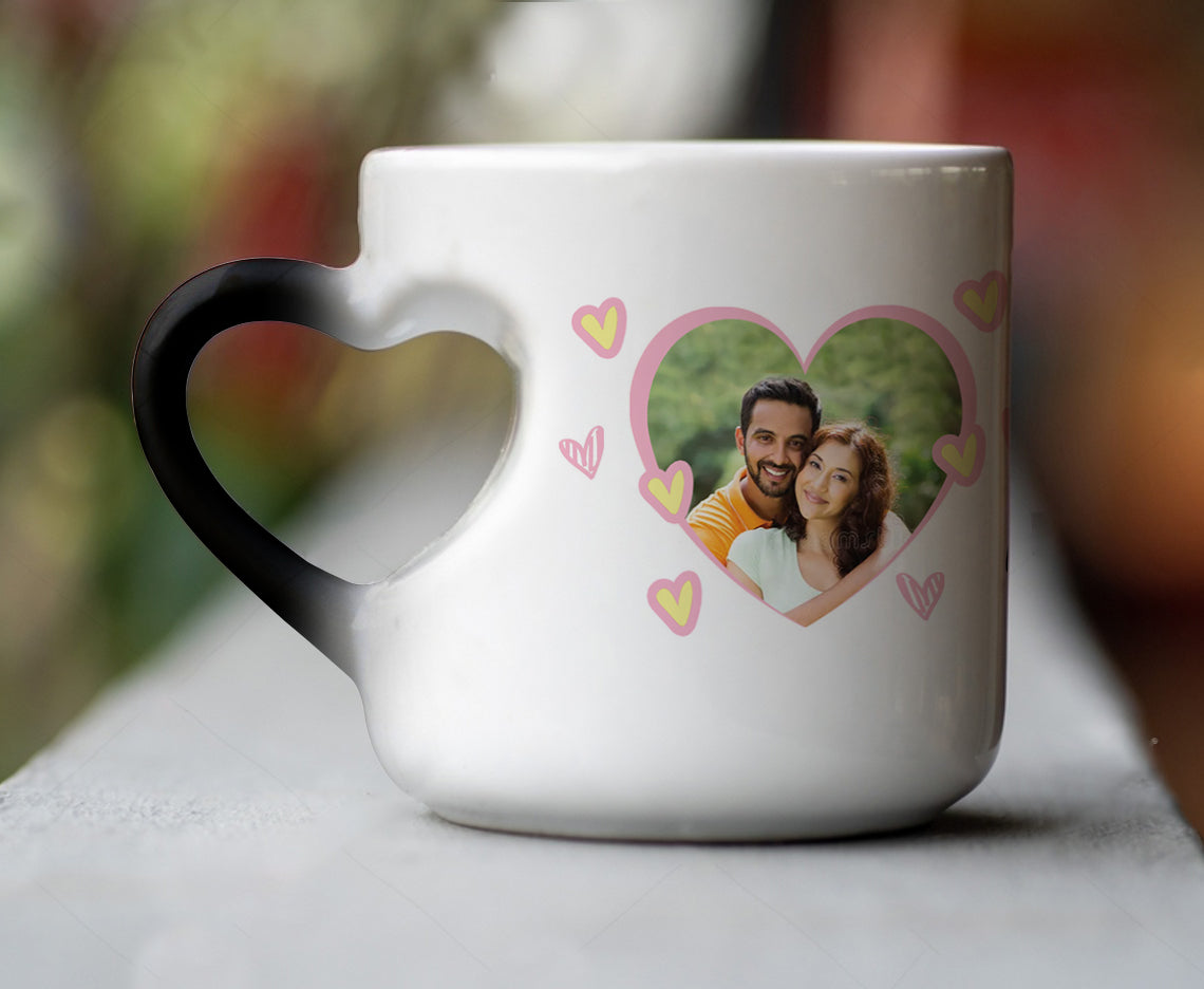 Couple Customized Add Two Photos Magic Inner Heart Cut Handle 330 ml Coffee Mug