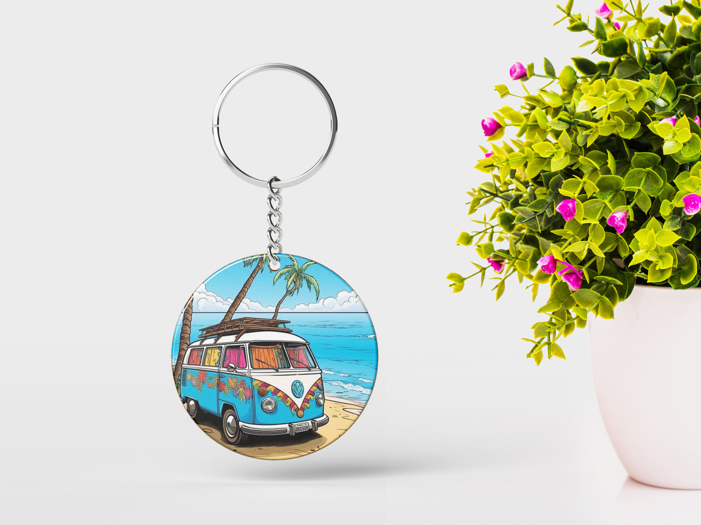 Camping Van on Morning Sun Beach Printed Round Circle Shape Wooden Keyring with Chain