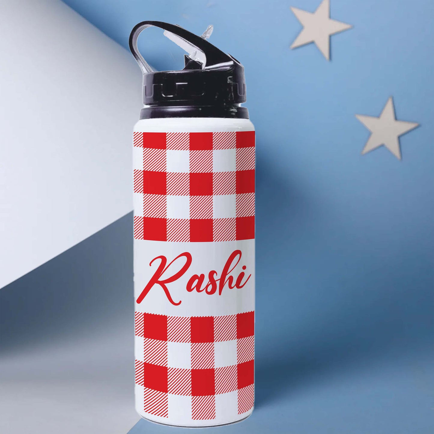 Personalised Name White Water Bottle with Lid & Straw