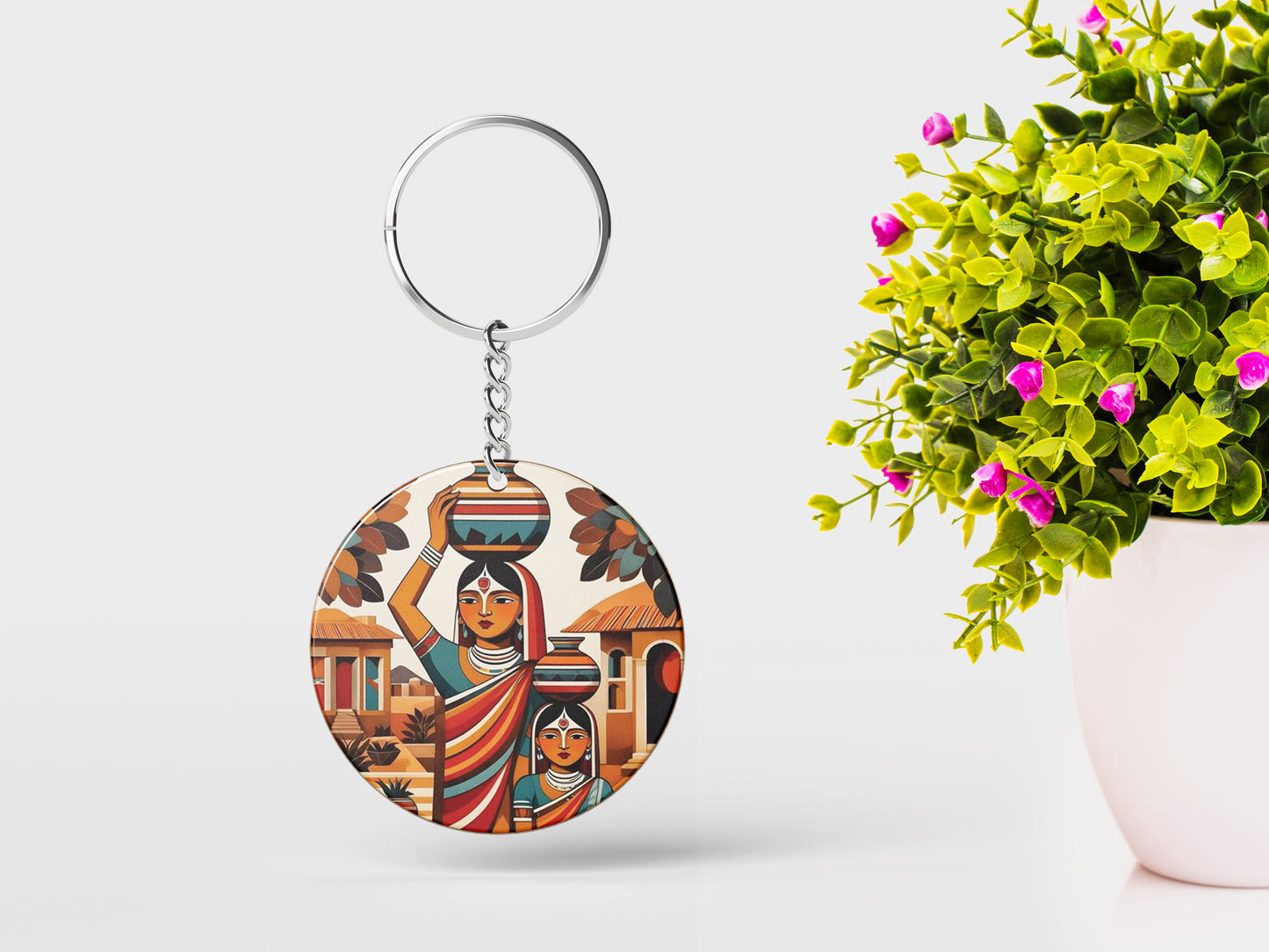 Village Woman royalty illustration Printed Round Circle Shape Wooden Keyring with Chain