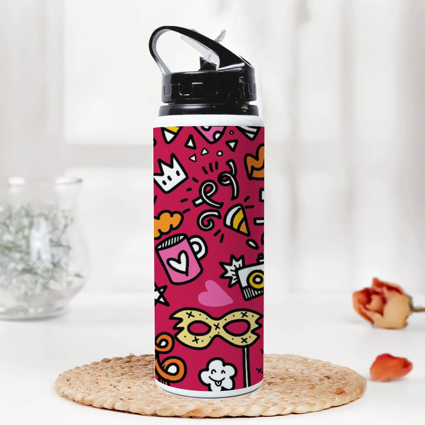 Set of Party illustration Hand drawn doodle Sketch line Printed Black Nozzle Water Bottle 750 ml For Gym, Yoga, Kids, Boys, Girls, Brother, Sister, Babies, Baby, Workout, Adults