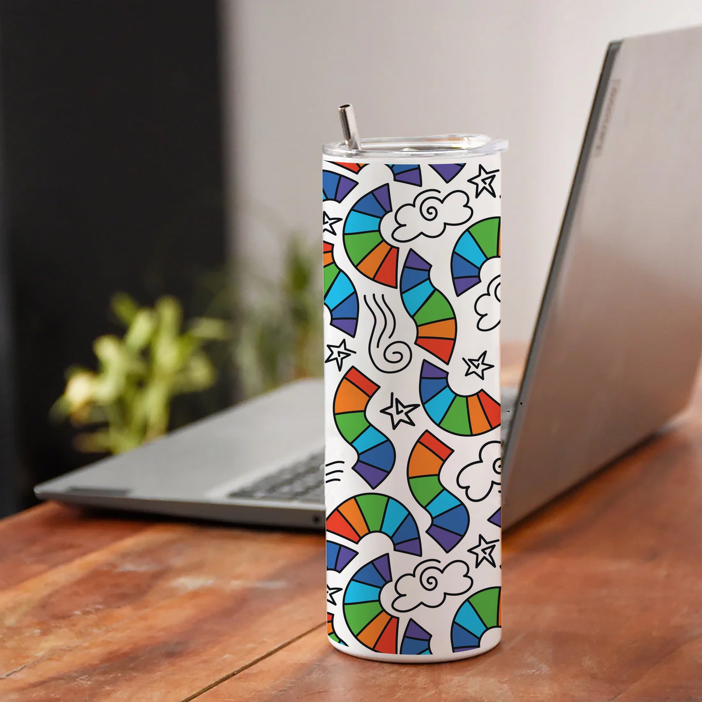 Hand drawn rainbow pattern design Printed 750ML with Lid Leak Proof Travel Tumbler with Straw