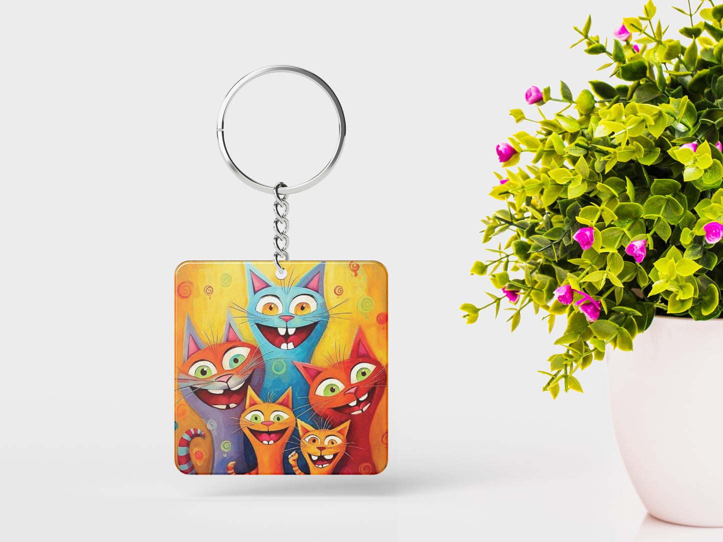 Cartoon cat group watercolor Artwork Printed Square Shape Wooden Keyring with Chain