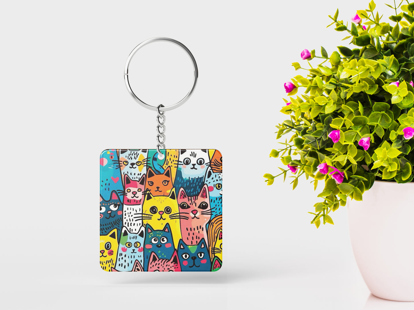 Colorful cat doodle art Printed Square Shape Wooden Keyring with Chain