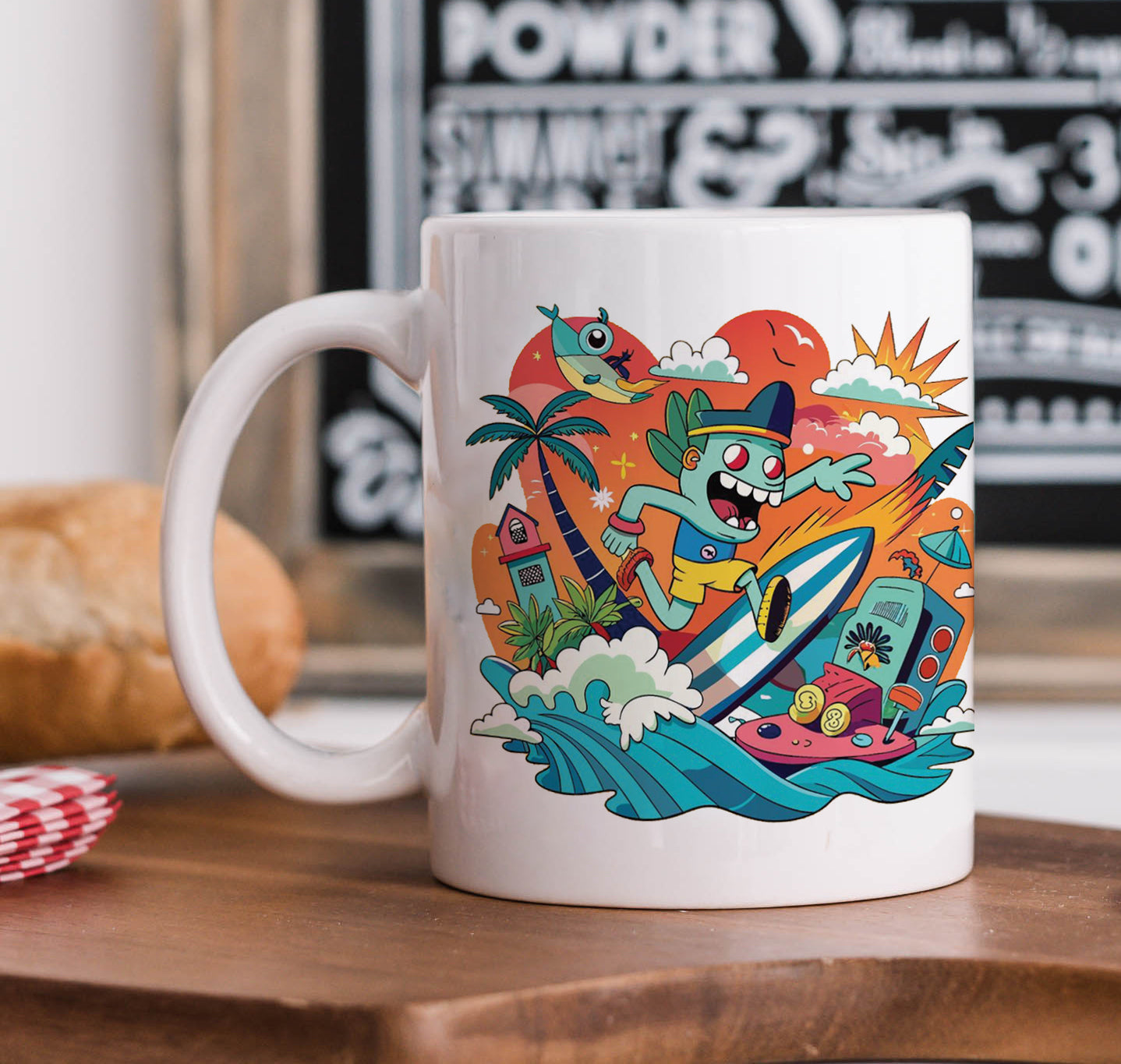 Humorous Pop Culture Pattern Printed 330 ml White Coffee Mug with Square Shape Wooden Keyring and Chain