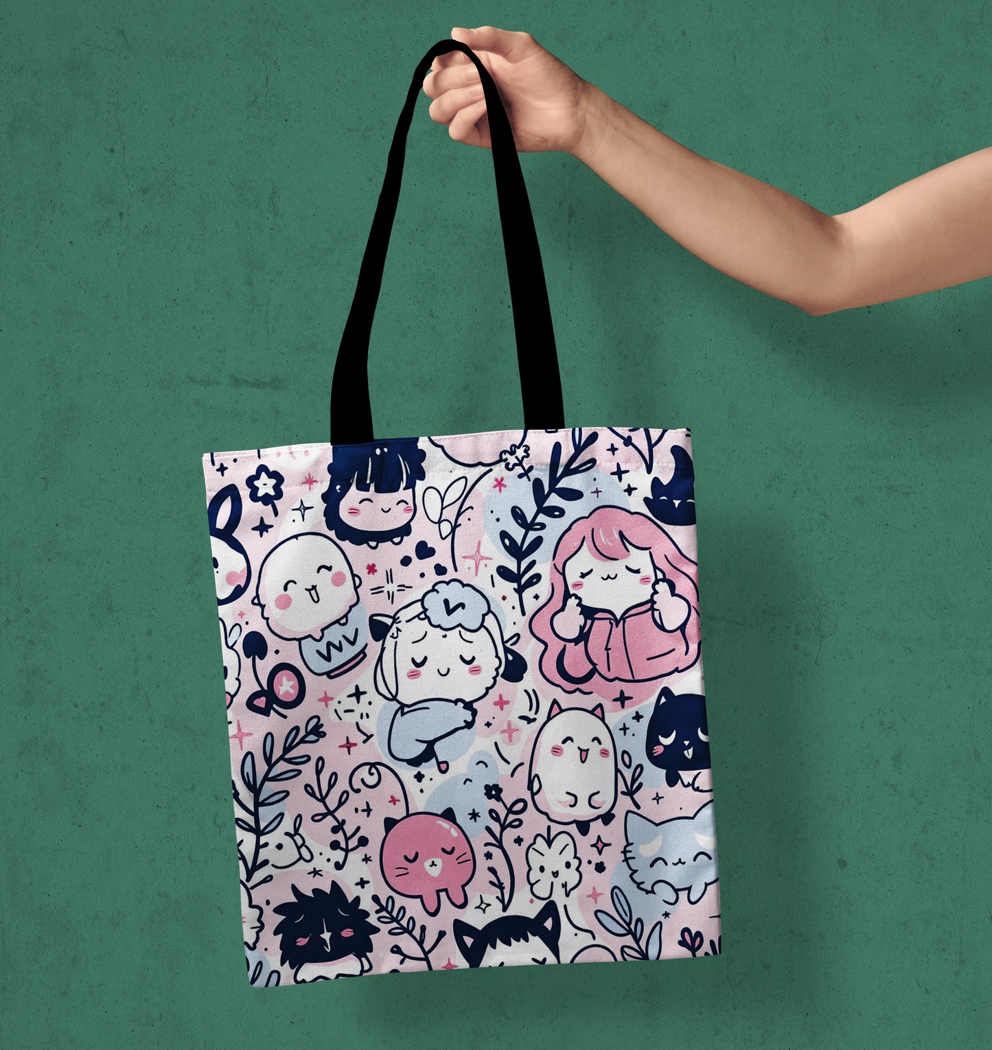 Cute Cats Pattern Printed Black Handle Tote Bag (14 X 16 Inches) For Shopping, College, Travel