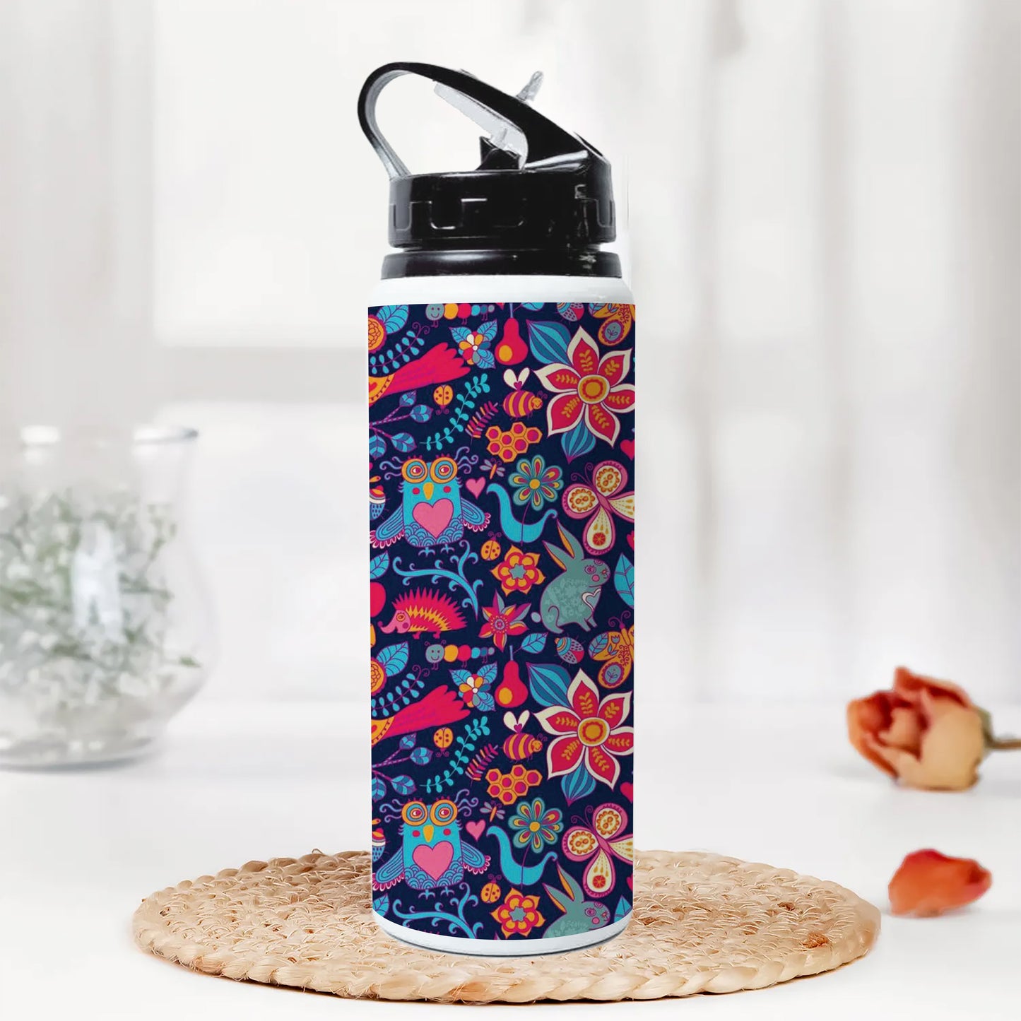 Owl, rabbit, butterfly, hedgehog Forest seamless pattern Printed Black Nozzle Water Bottle 750 ml For Gym, Yoga, Kids, Boys, Girls, Brother, Sister, Babies, Baby, Workout, Adults