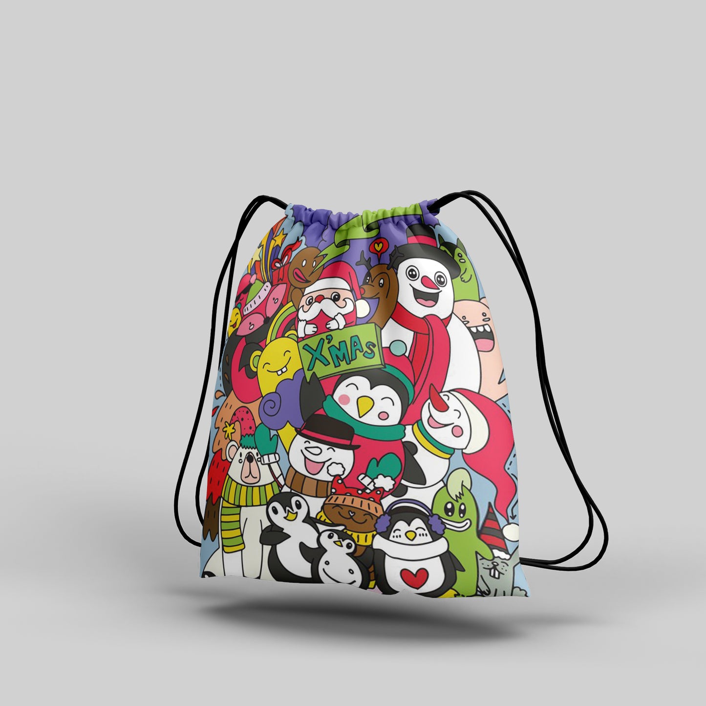 Hand Drawn Christmas Doodle Art Polyester String Backpack Bags for kids for Gym, Yoga, Tuition ,Beach Bag for 4-10 year boys and girls