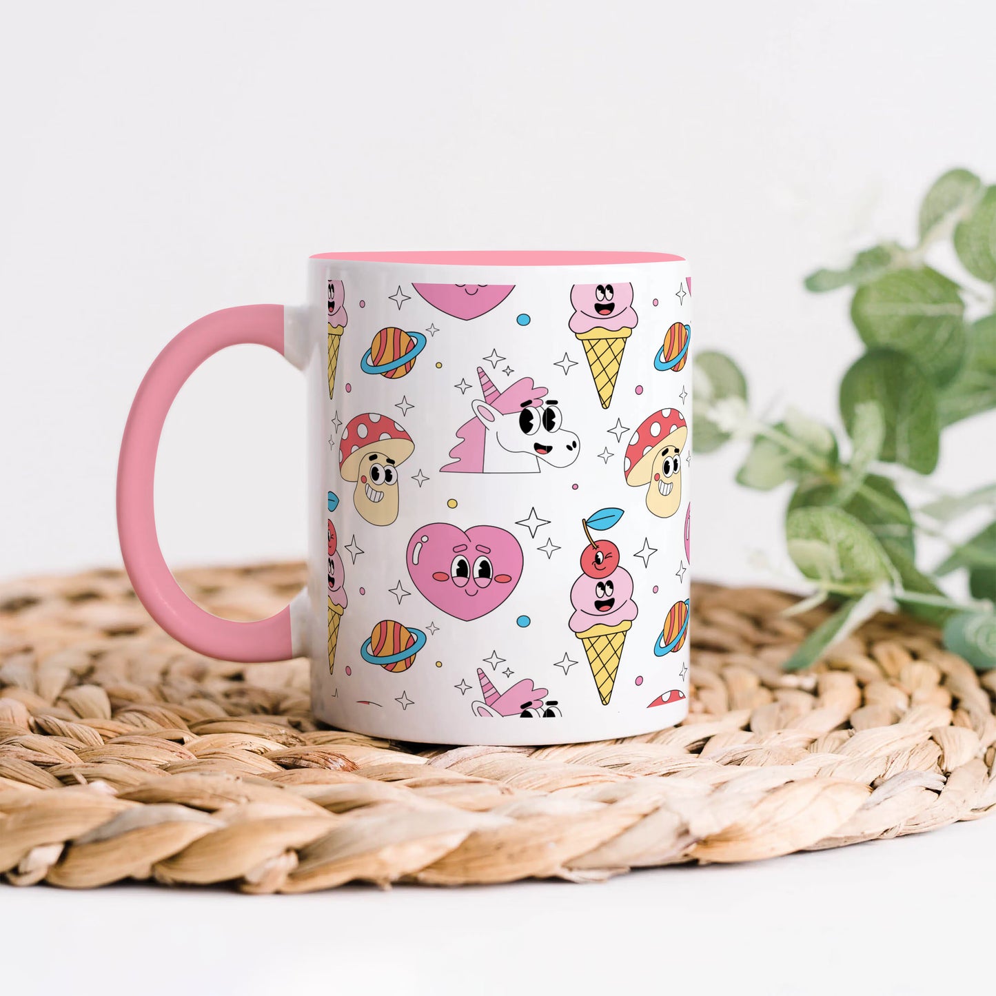 Hand drawn flat trendy cartoon pattern Light Pink Handle 330 ml Coffee Mug