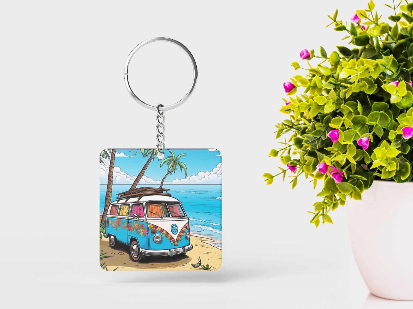 Camping Van on Morning Sun Beach Printed Square Shape Wooden Keyring with Chain