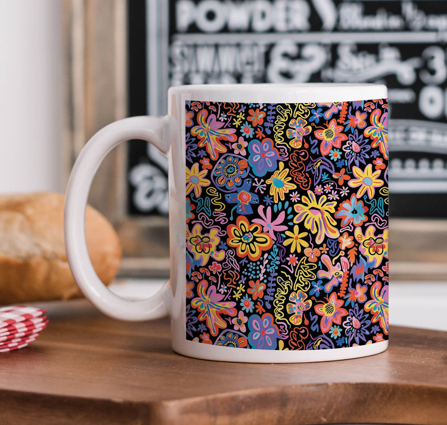 Colorful Flowers Pattern Printed 330 ml White Coffee Mug with Square Shape Wooden Keyring and Chain
