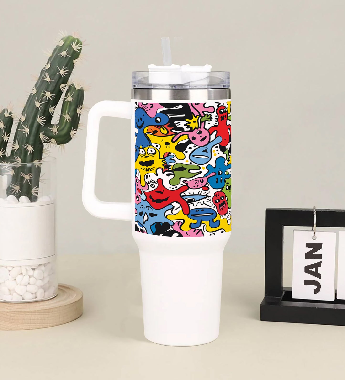 Hand drawn doodle pattern abstract design Printed 850ML with Lid Leak Proof Big Travel Tumbler with Handle and Straw
