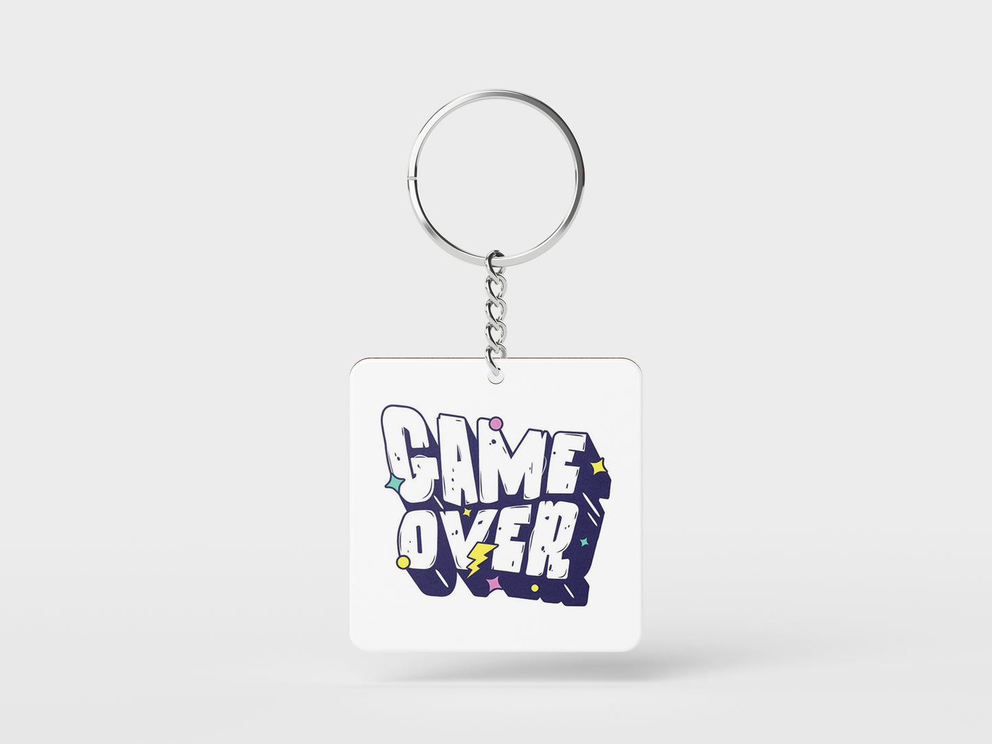 Game Over Digital Graphic Design Printed Square Shape Wooden Keyring with Chain