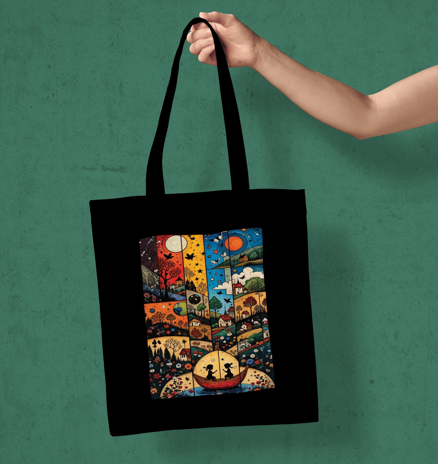 Painting of a person in a boat Design Printed Black Patch With Pocket Tote Bag (14 X 16 Inches) For Shopping, College, Travel