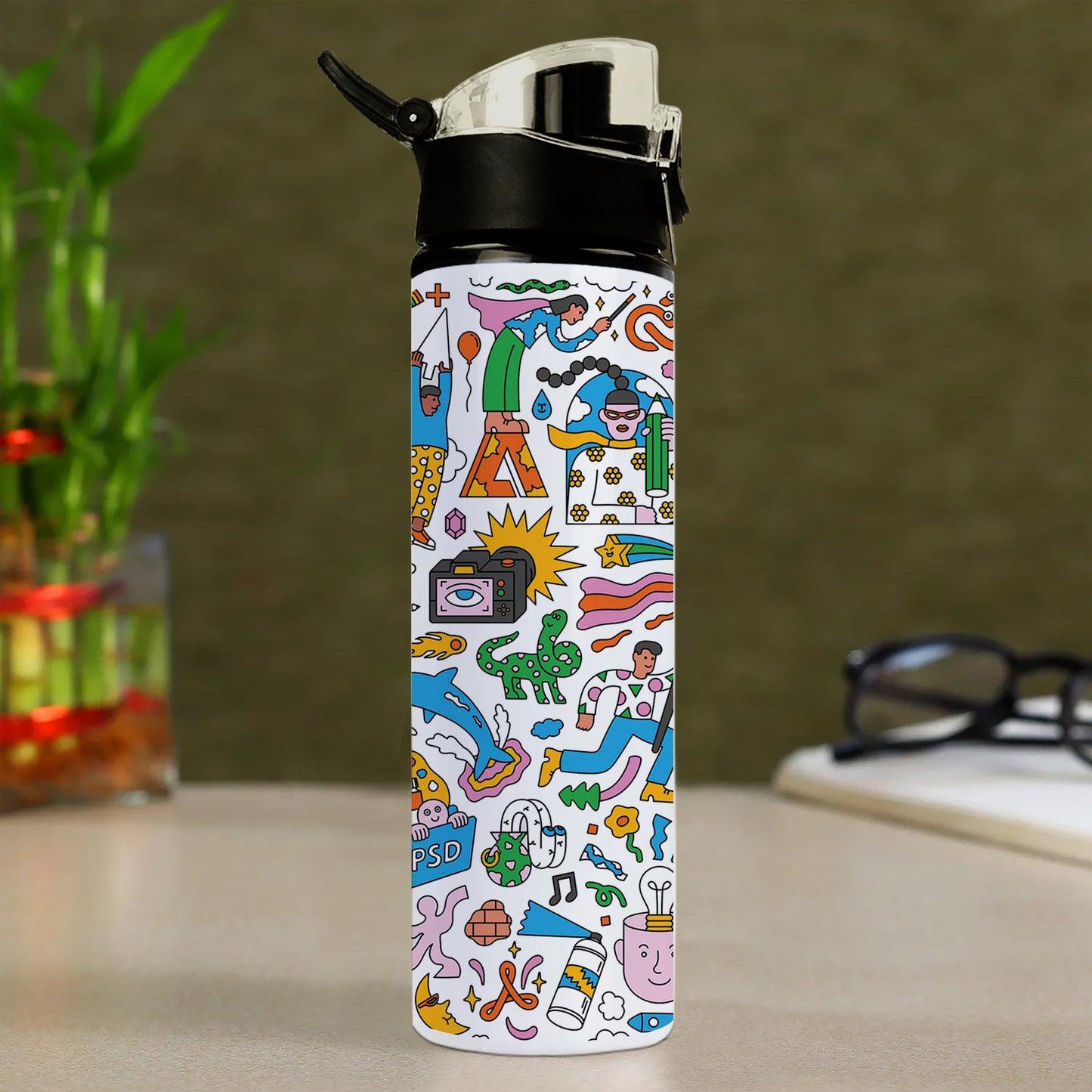 Colorful Hand drawing Doodle art Printed Flip Flop Water Bottle 750 ml For Gym, Yoga, Kids, Boys, Girls, Brother, Sister, Babies, Baby, Workout, Adults