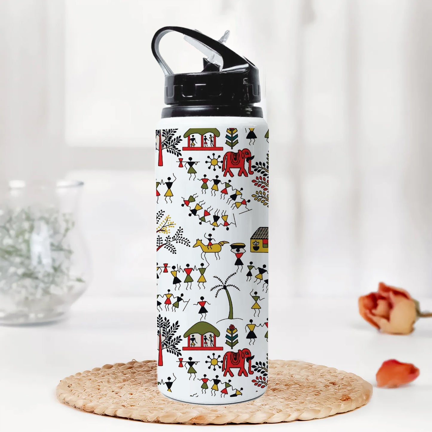 Hand drawn traditional the ancient tribal art India Pattern Printed Black Nozzle Water Bottle 750 ml For Gym, Yoga, Kids, Boys, Girls, Brother, Sister, Babies, Baby, Workout, Adults