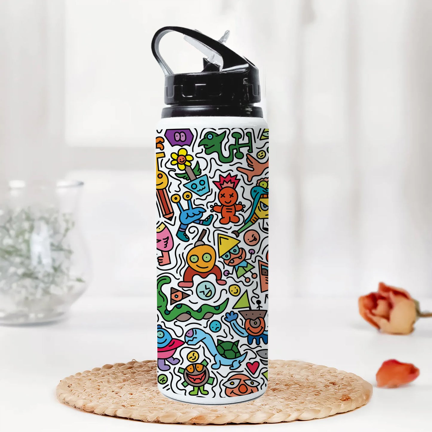 Cute colorfull doodle pattern Printed Black Nozzle Water Bottle 750 ml For Gym, Yoga, Kids, Boys, Girls, Brother, Sister, Babies, Baby, Workout, Adults