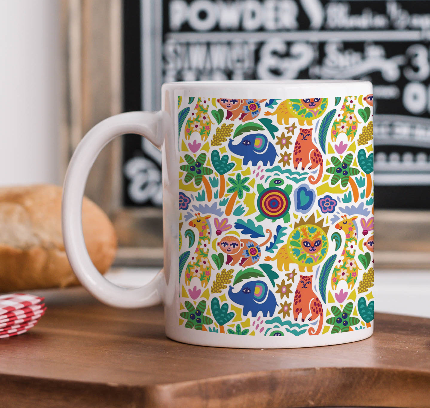 Seamless African Animals Pattern Printed 330 ml White Coffee Mug with Square Shape Wooden Keyring and Chain