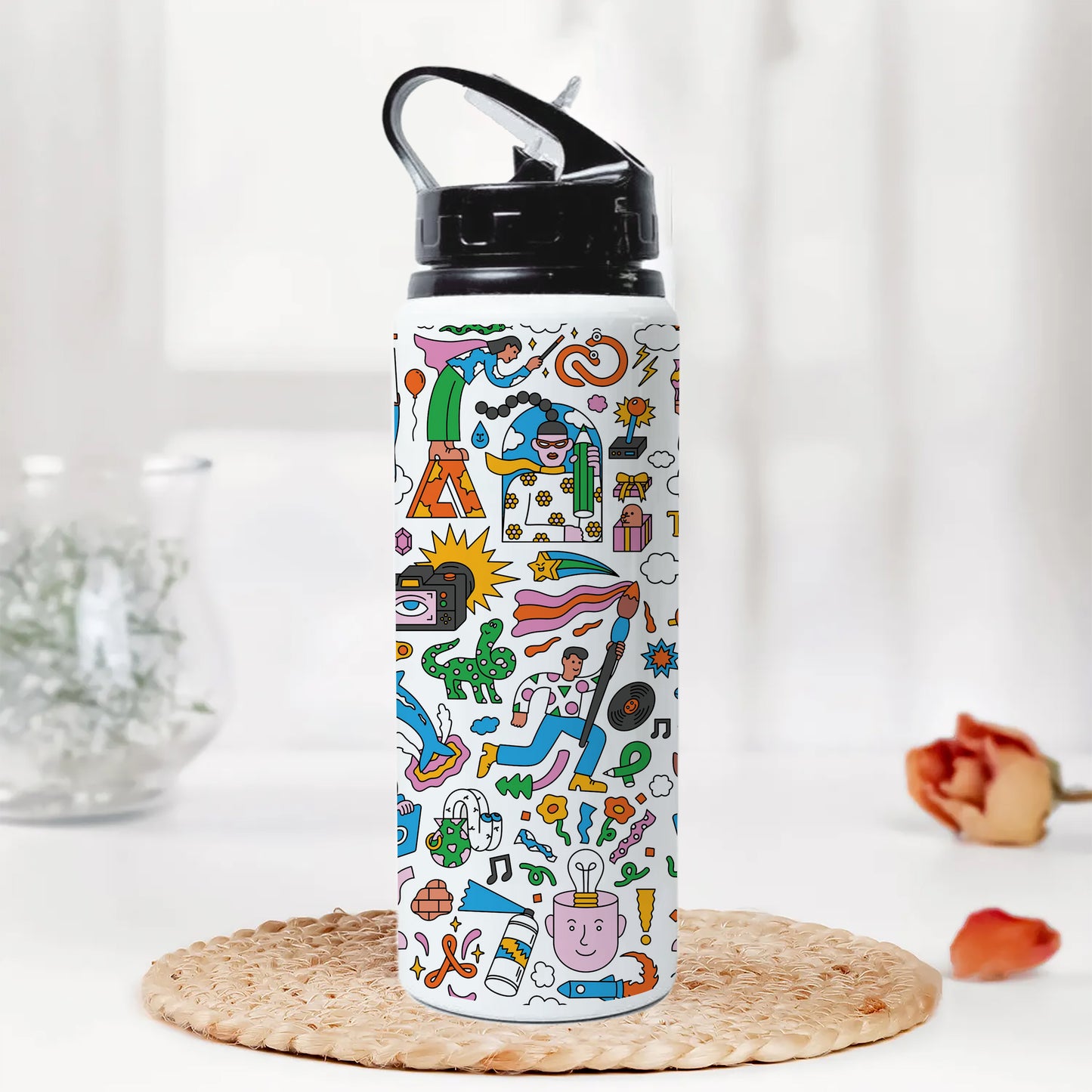 Colorfull Hand drawing Doodle art Printed Black Nozzle Water Bottle 750 ml For Gym, Yoga, Kids, Boys, Girls, Brother, Sister, Babies, Baby, Workout, Adults
