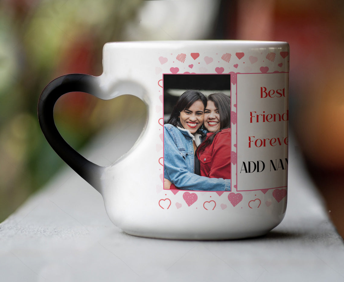 Friend forever customized add two photos inner heart cut magic mug 330 ml Coffee Mug