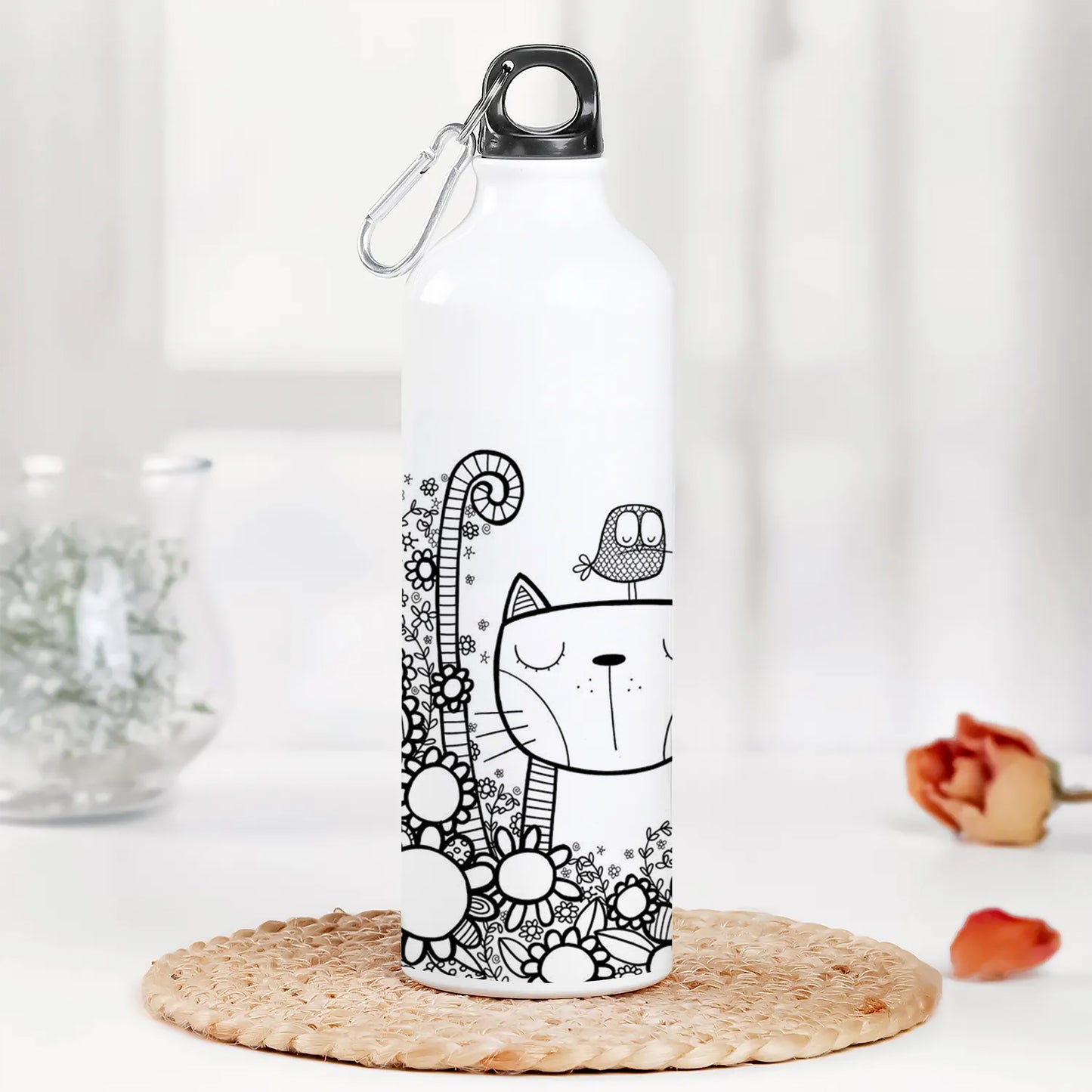 Black in white doodle art cat and birds Printed Normal Sipper Water Bottle 750 ml For Gym, Yoga, Kids, Boys, Girls, Brother, Sister, Babies, Baby, Workout, Adults