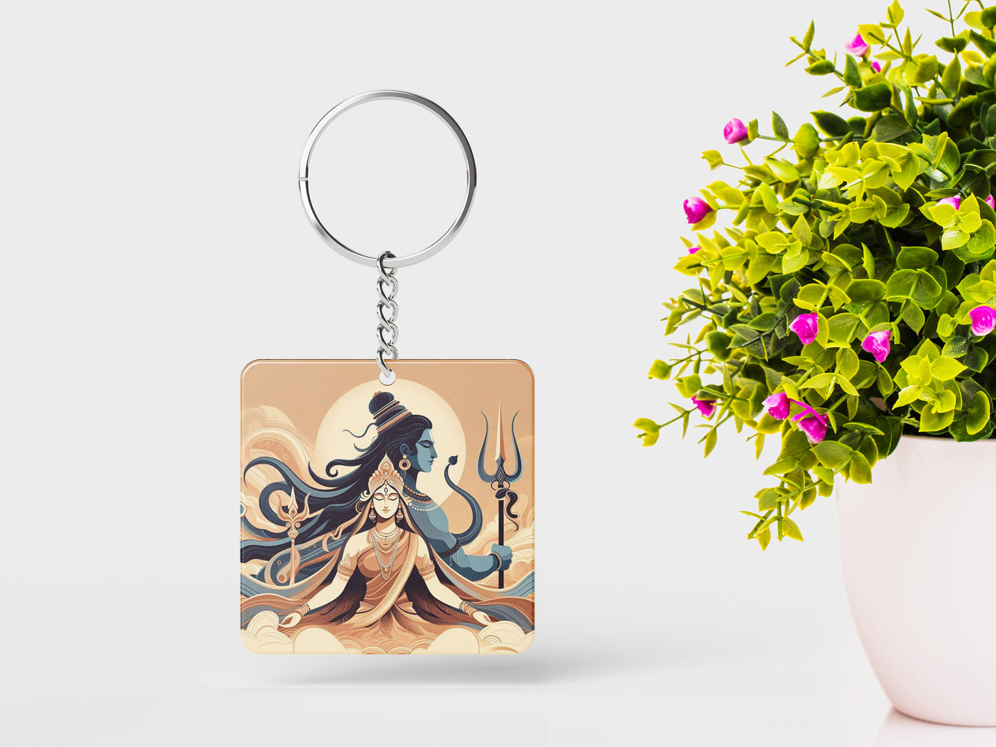 Maha Shivratri Lord Shiva Artwork, Mahadev illustration Printed Square Shape Wooden Keyring with Chain
