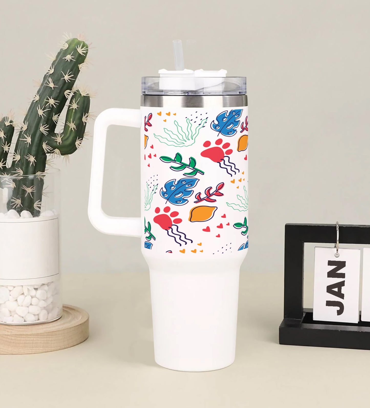 Hand drawn abstract element pattern Printed 850ML with Lid Leak Proof Big Travel Tumbler with Handle and Straw