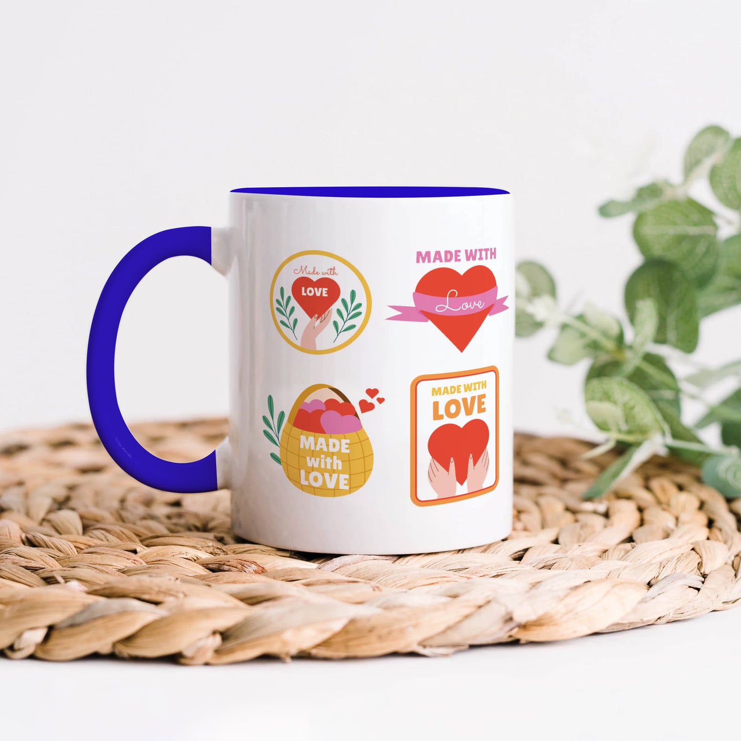 Hand drawn made with love floral label design Dark Blue Handle 330 ml Coffee Mug