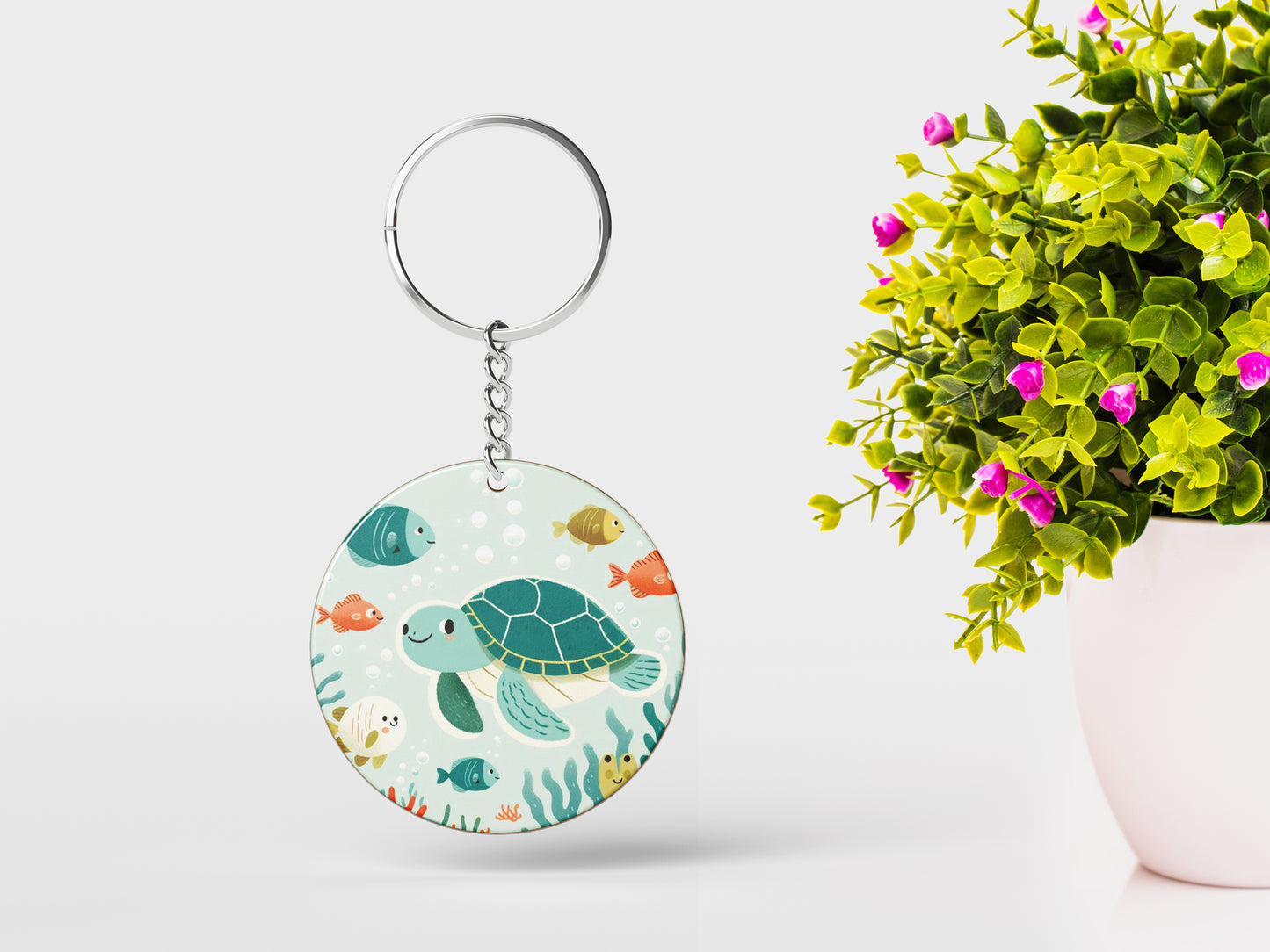 There are sea turtles swimming in the ocean with corals Nursery Painting Printed Round Circle Shape Wooden Keyring with Chain
