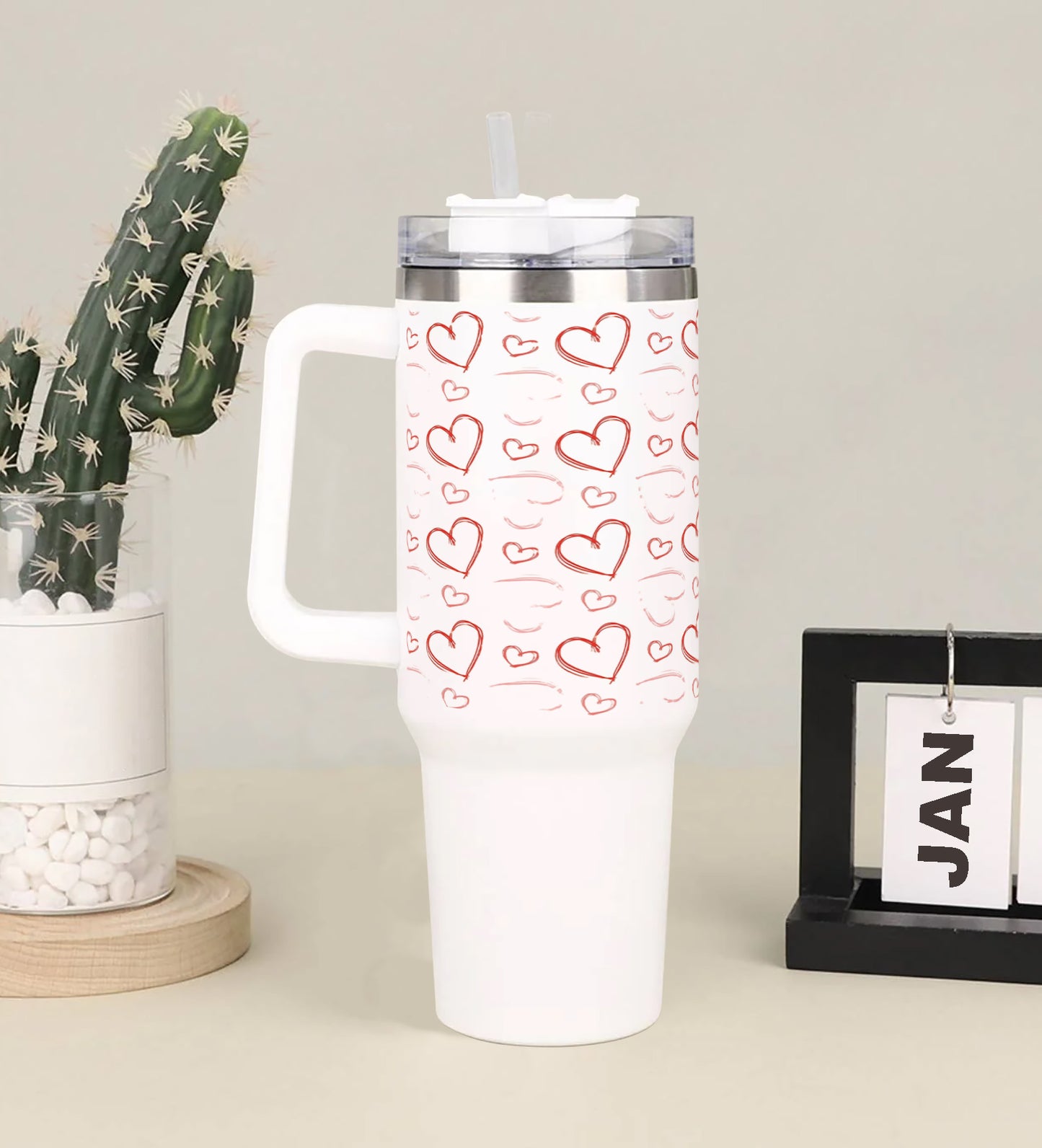 Sketchy hearts pattern Printed 850ML with Lid Leak Proof Big Travel Tumbler with Handle and Straw
