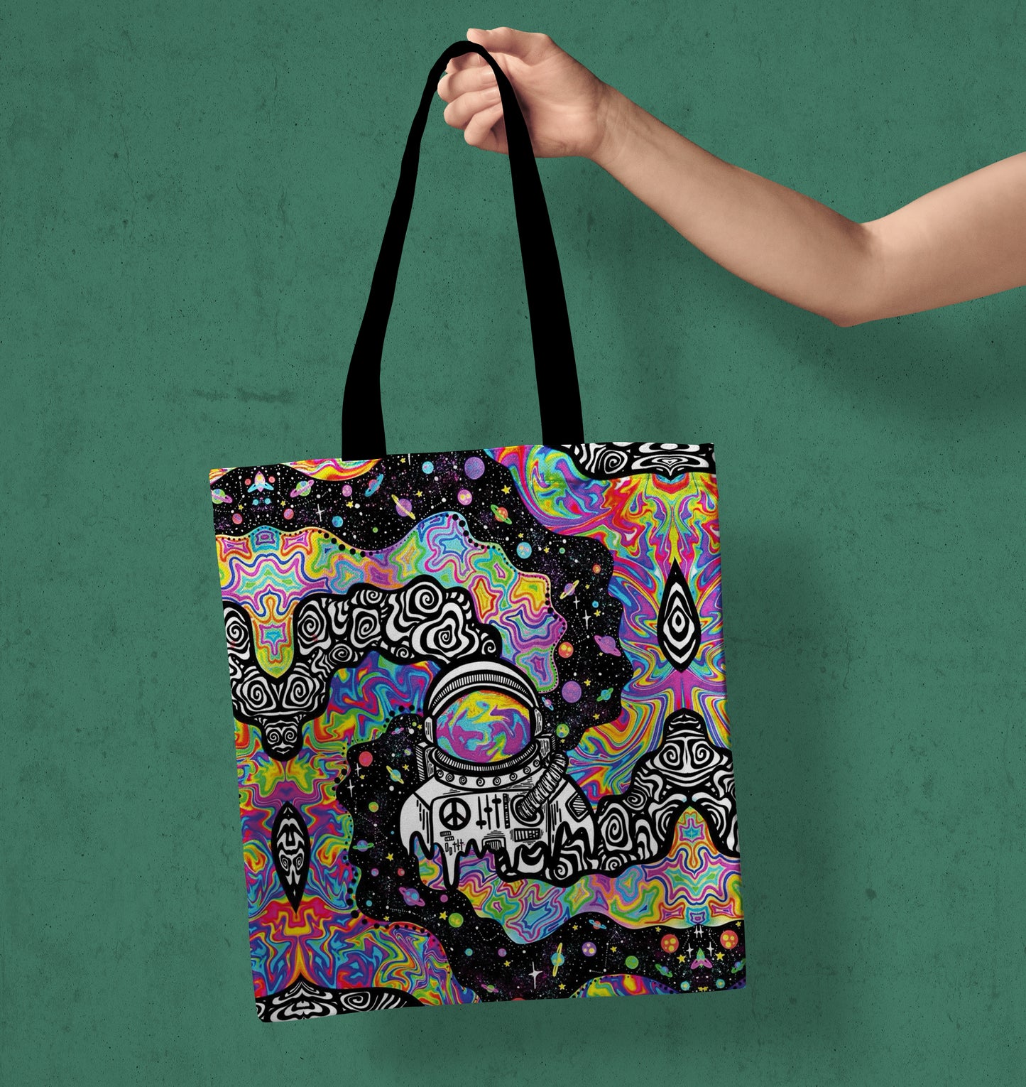 Trippy Astronaut Art Printed Black Handle Tote Bag (14 X 16 Inches) For Shopping, College, Travel
