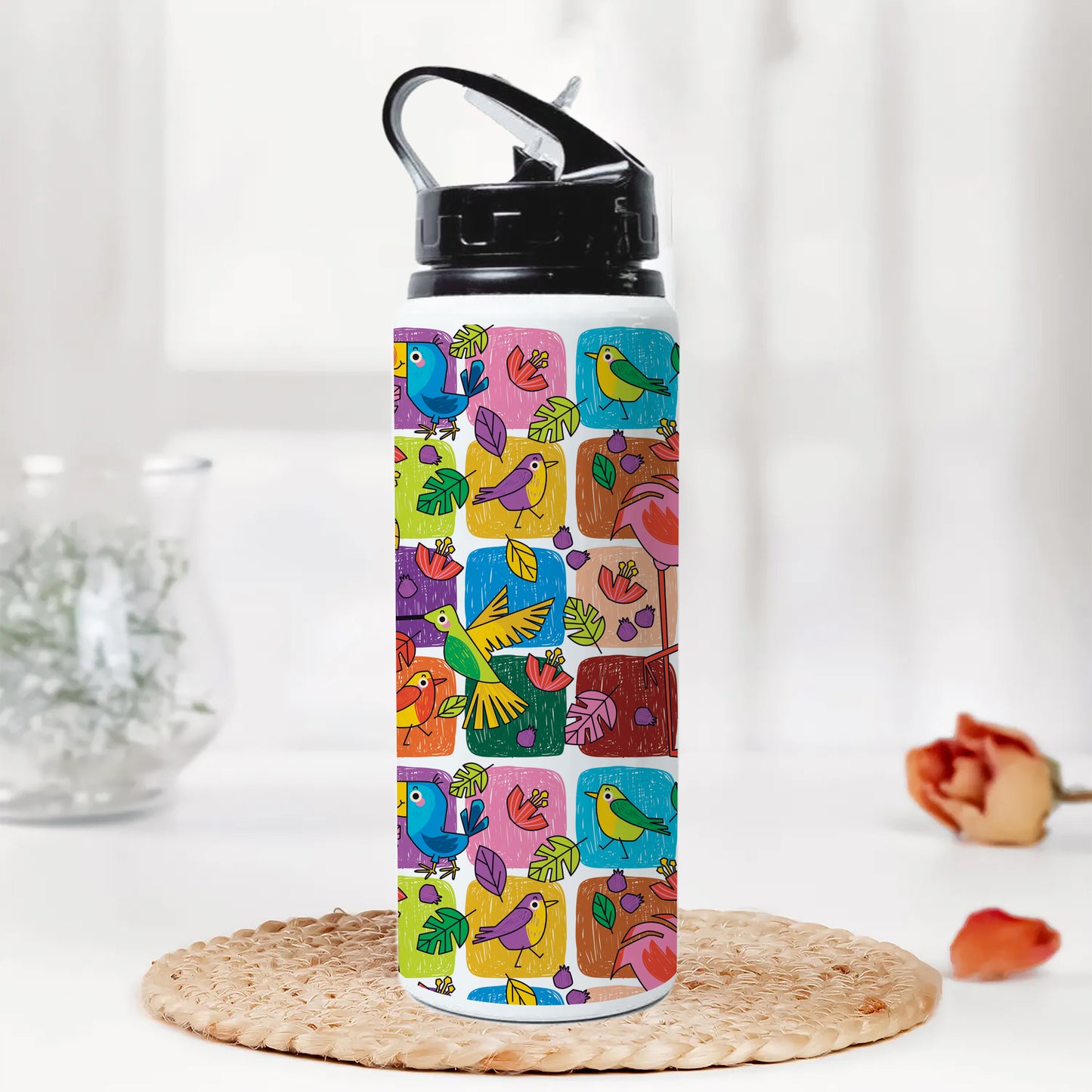 Childlike animals pattern design Printed Black Nozzle Water Bottle 750 ml For Gym, Yoga, Kids, Boys, Girls, Brother, Sister, Babies, Baby, Workout, Adults