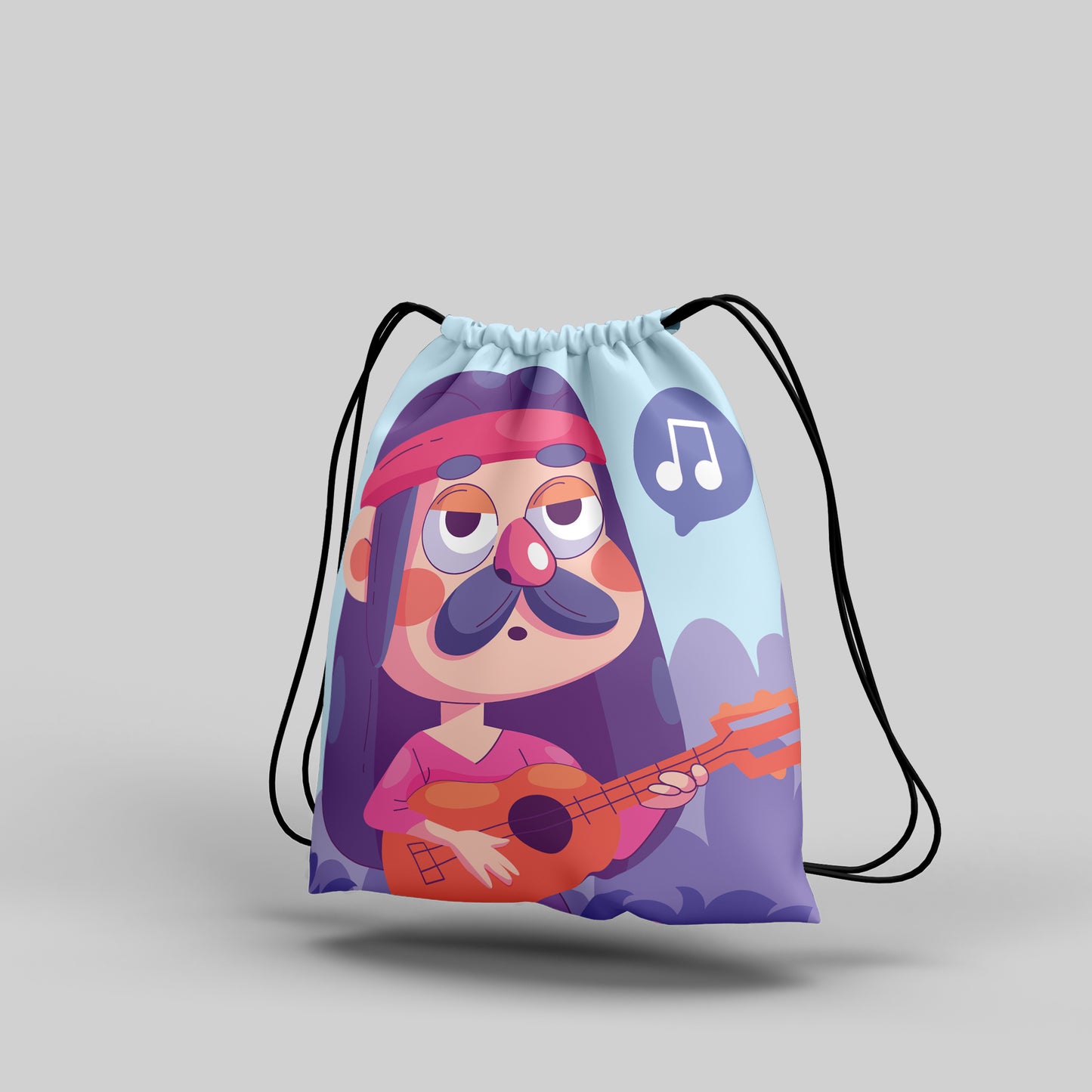 Hand Drawn Singing Hippie Cartoon illustration Polyester String Backpack Bags for kids for Gym, Yoga, Tuition ,Beach Bag for 4-10 year boys and girls
