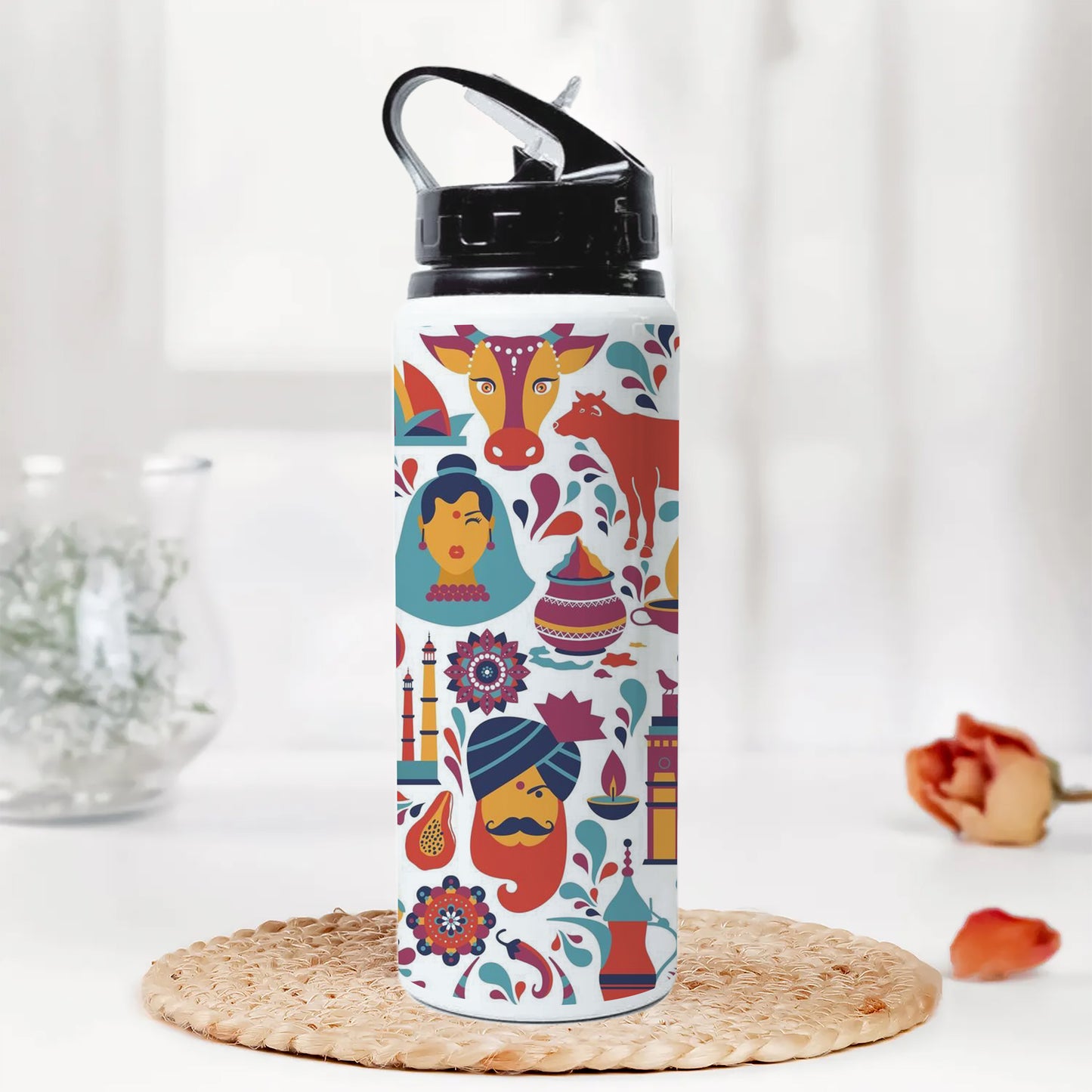 Indian architecture and Asian traditions set Pro Vecto 2 Printed Black Nozzle Water Bottle 750 ml For Gym, Yoga, Kids, Boys, Girls, Brother, Sister, Babies, Baby, Workout, Adults