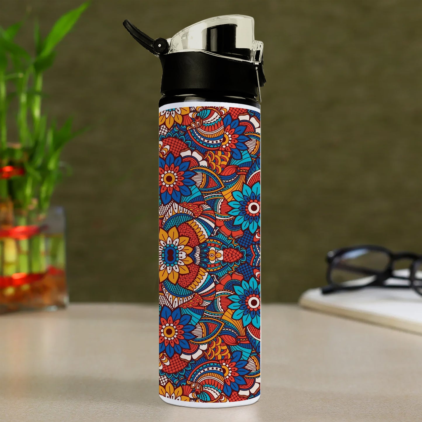 Hand drawn floral elements colorful ethnic seamless pattern Printed Flip Flop Water Bottle 750 ml For Gym, Yoga, Kids, Boys, Girls, Brother, Sister, Babies, Baby, Workout, Adults